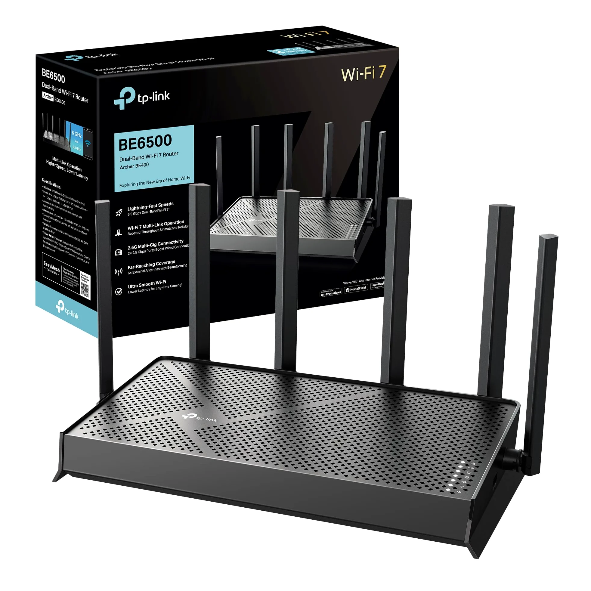TP-Link Archer BE400 Router Wi-Fi 7 Dual-Band BE6500Mbps, 2.5G WAN, 2.5G LAN, 3 Porte 1G LAN, 4K-QAM, MLO, MU-MIMO, Beamforming, 6 Antenne Esterne, Home Shield, IoT, Compatible con EasyMesh