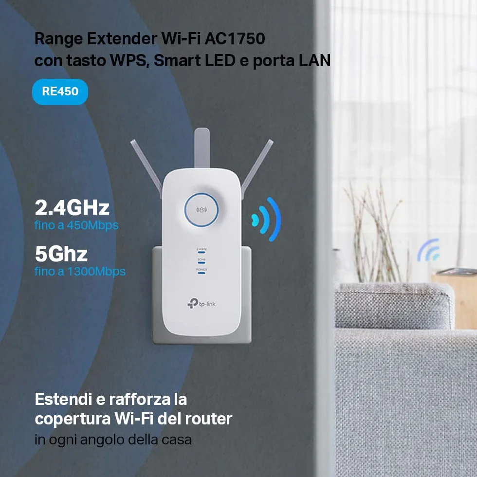 TP-Link RE450 Ripetitore Wireless, Velocità Dual Band AC1750Mbps, WiFi Extender e Access Point, Compatibile con Modem Router, 1 Porta Gigabit, Tecnologia TP-Link OneMesh, Bianco