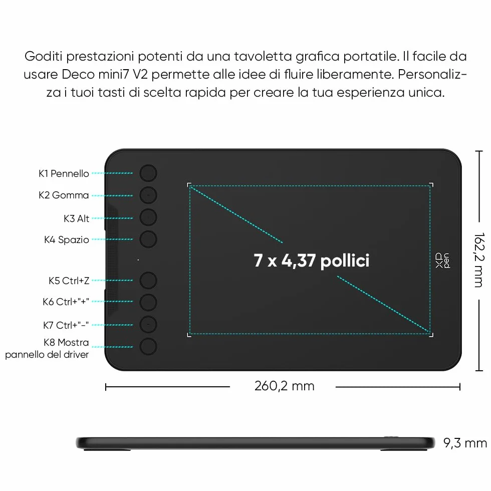 XPPen Deco Mini7 V2 Tavoletta Grafica con penna senza batteria 16384 livelli, per disegno, OSU Play, Compatibile con Windows/MAC OS/Android 10.0/Chrome OS