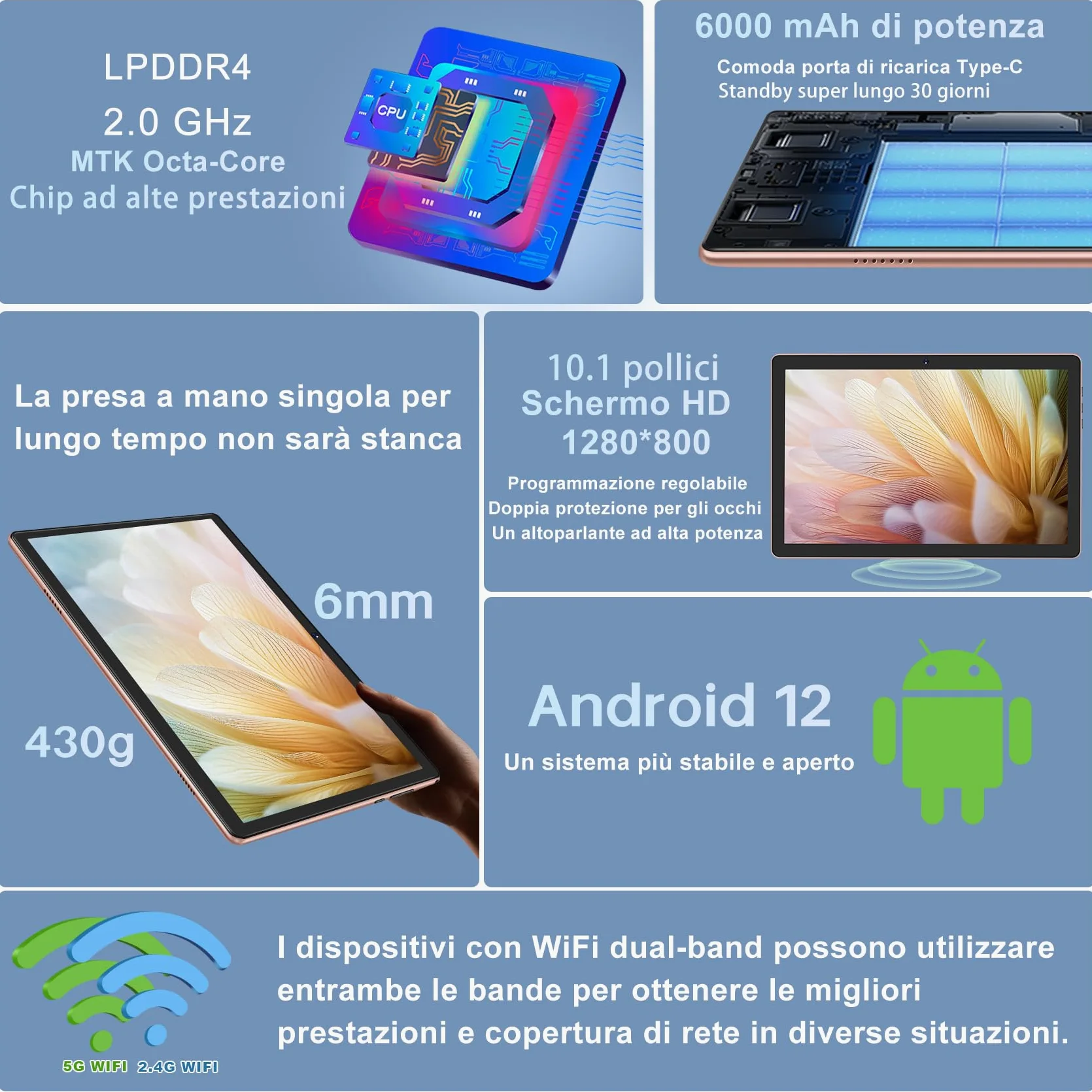 DMOAO Tablet 10 Pollici Android con 5G Wi-Fi, HD Tablet con 8 GB RAM + 64 GB ROM (Espandibile fino a 1 TB), GPS, 8 Cores 2.0 GHz, Bluetooth 5.0, 1280 * 800 IPS, USB-C, 6000 mAh, Oro