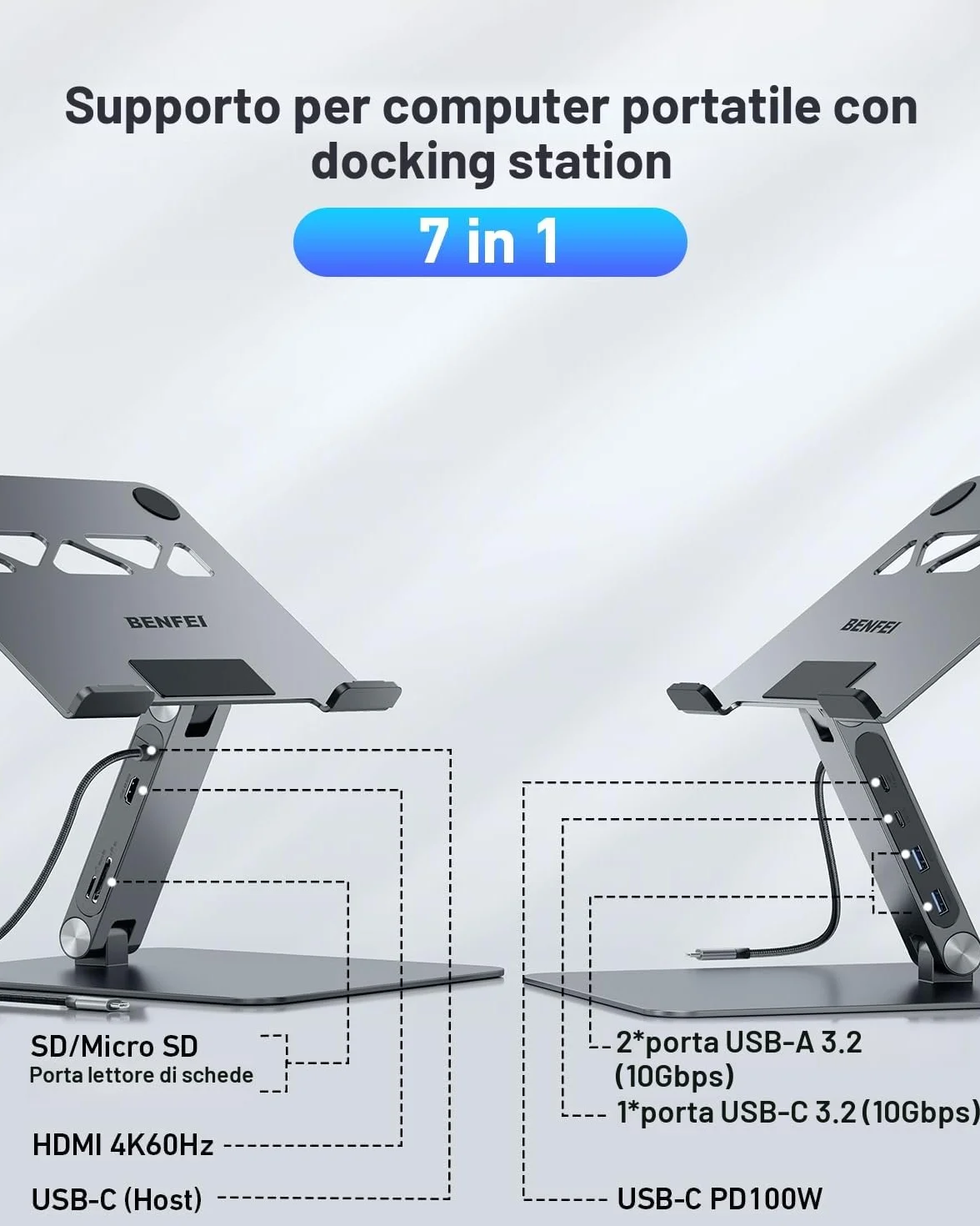 BENFEI Supporto per laptop con docking station USB-C 7in1, HDMI 4K@60Hz, 1*SD 1*Micro SD, 100W Power Delivery, 10Gbps 1*USBC 3.2 e 2*USBA 3.2 Compatibile con MacBook Pro/Air, iPad Pro, XPS, ThinkPad