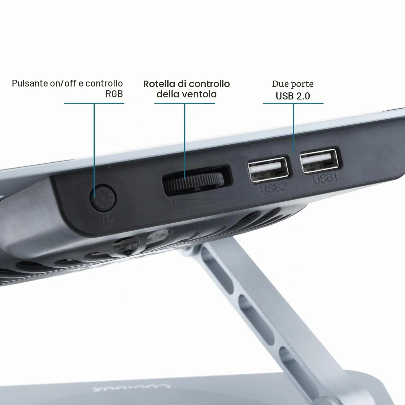 CoolBox CoolAir - Supporto portatile con ventola silenziosa RGB da 11 cm, base regolabile in altezza e rotazione a 360°, frigorifero portatile con velocità regolabile, tablet/laptop fino a 17,3