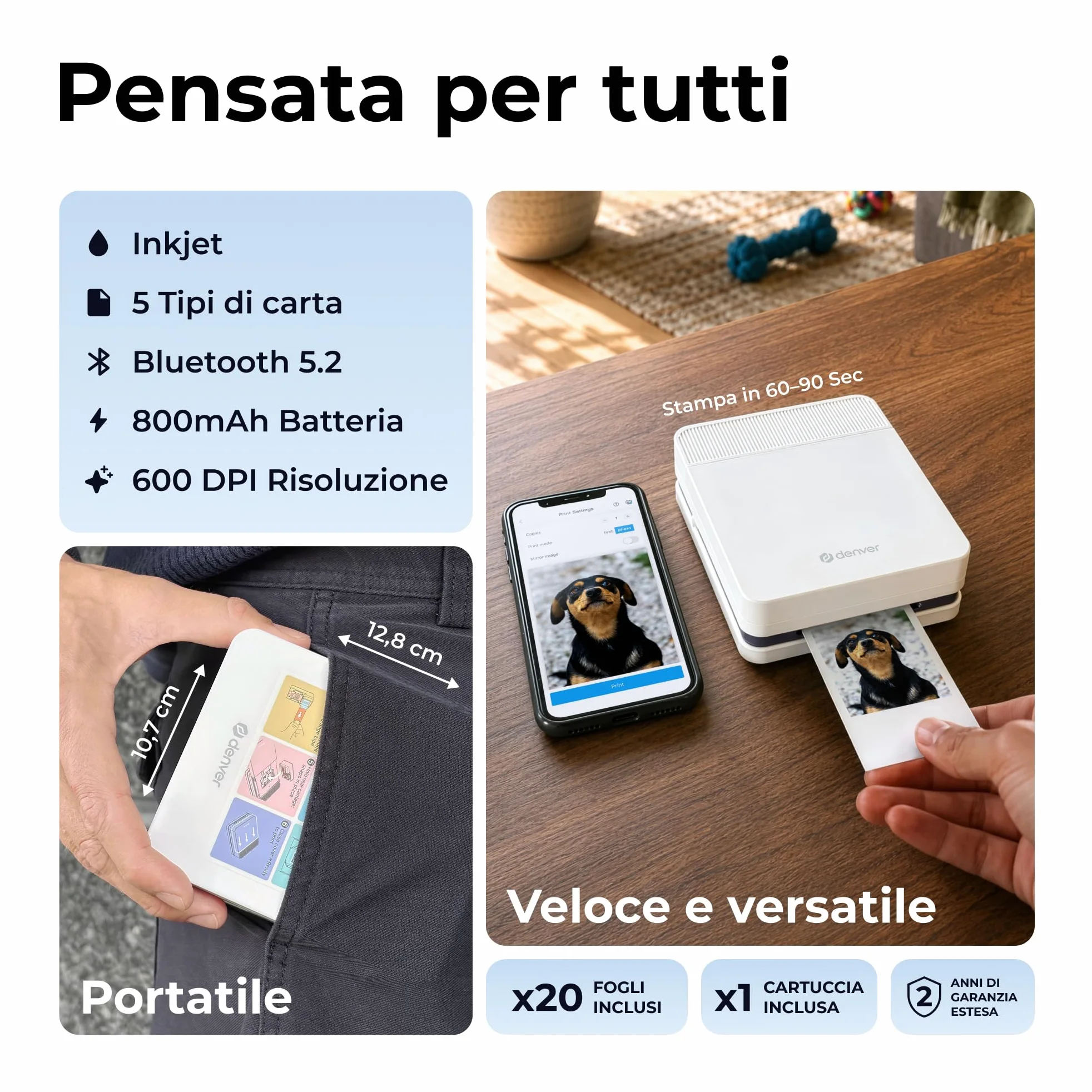 Denver MCP-6010 Mini stampante fotografica per smartphone, stampante portatile a colori con Bluetooth 5.2, 600 DPI, iOS e Android, stampante fotografica portatile con batteria, cartuccia e set di 20