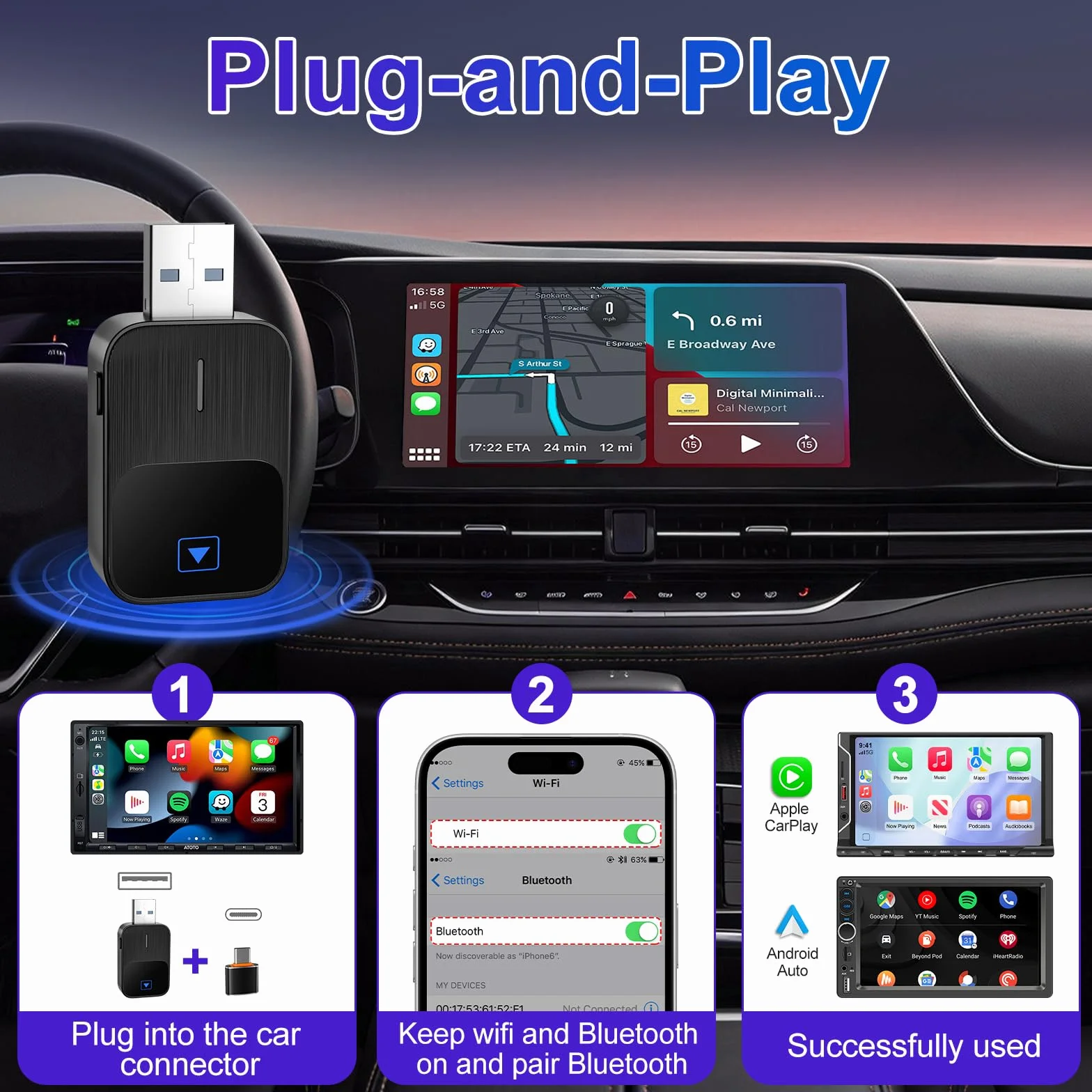 Mineup Adapter Wireless Android CarPlay, 2 in 1 Chiavetta per Convertire Cablato in Wireless, Supporta iOS 10+ e Android 11+