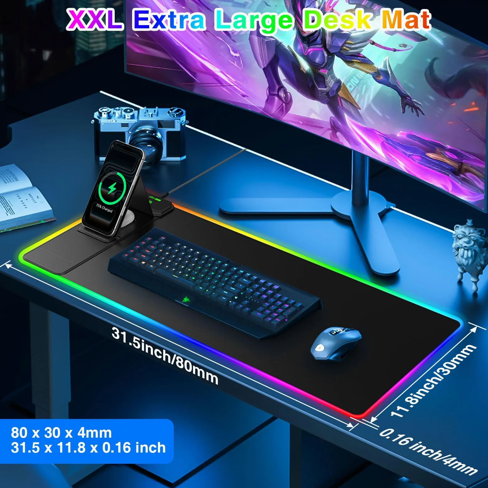 Tappetino per mouse da gioco XXL RGB LED con caricabatterie wireless magnetico e supporto pieghevole per telefono, 80 x 30 cm, tappetino da scrivania ultra liscio, 25 effetti di luce, base antiscivolo