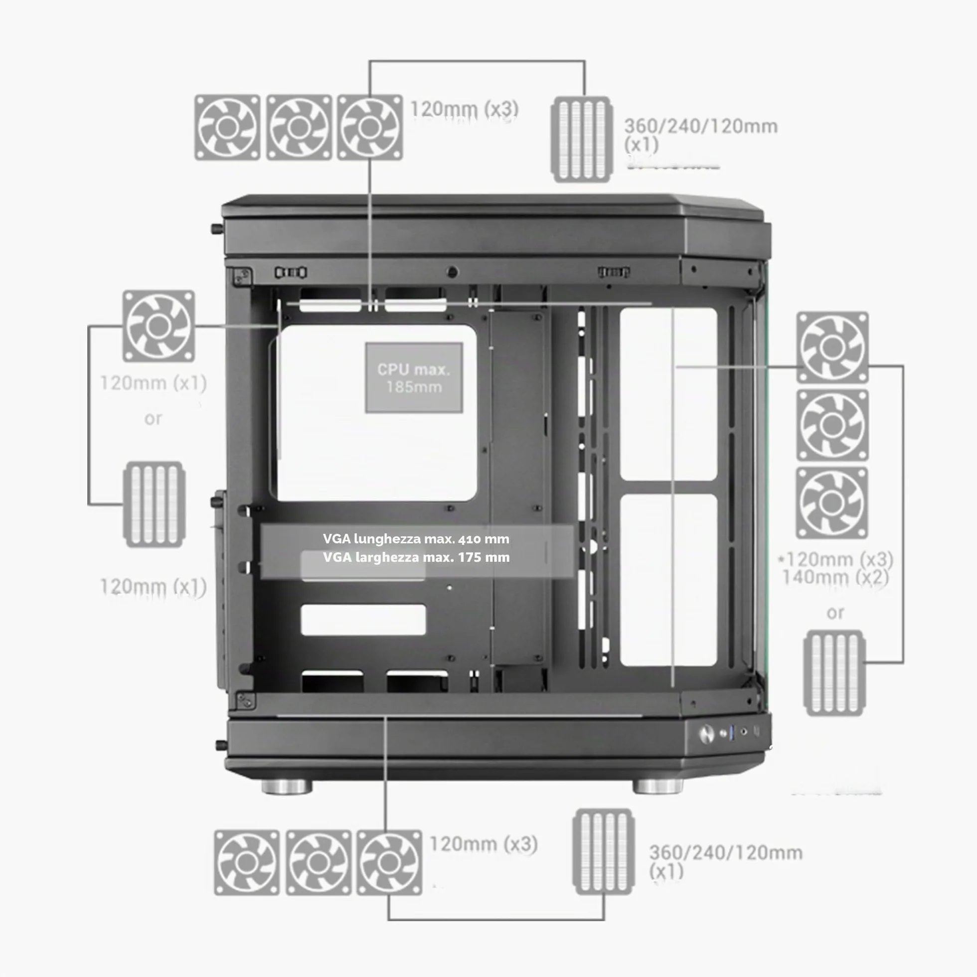 Mars Gaming MC-3T, Case Gaming Custom ATX, Vetro Temperato Continuo Tripla Finestra, Supporto Raffreddamento Liquido Completo, Doppia Camera Laterale, 3x Slot PCI Verticali, USB-C e USB 3.0, Rosso