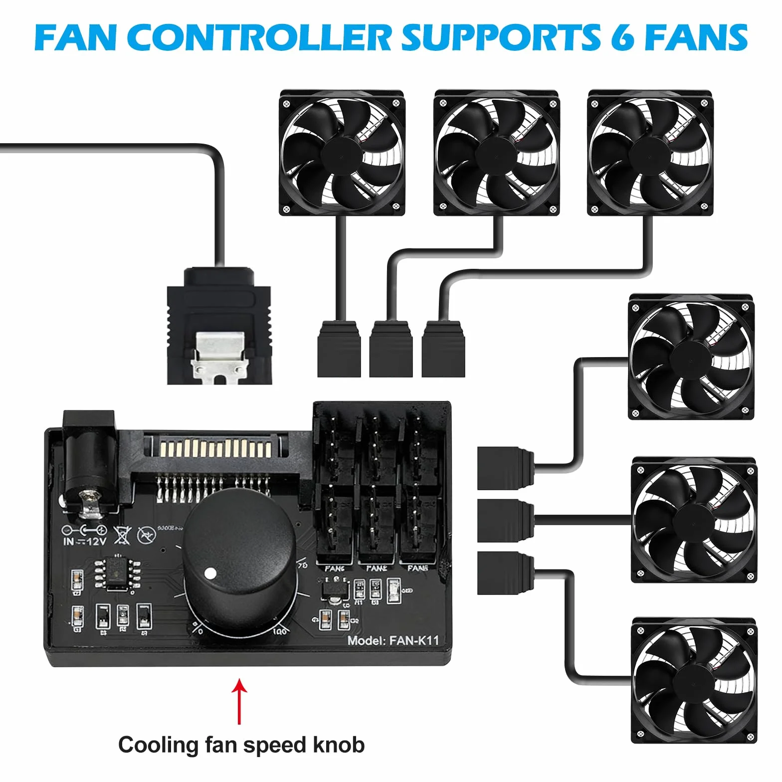 2 controller di velocità della ventola PWM 12 V: 4 poli, hub adattatore ventola per PC con alimentazione tramite SATA e DC 5525, Cooling Fan Speed Knob con uscita massima totale 60 W 5 A