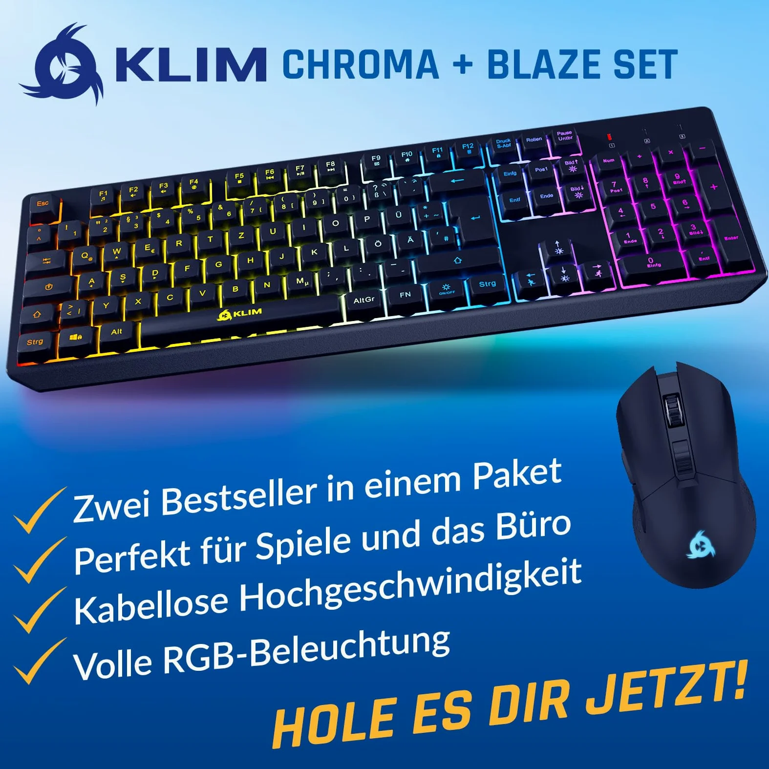KLIM Blaze & Chroma - Set tastiera senza fili QWERTZ piatto, ergonomico, tastiera per mouse per PC, batteria integrata e durevole