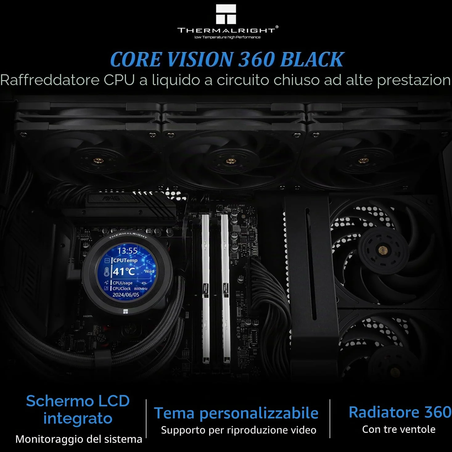 Thermalright CORE VISION 360 Black CPU AIO - Radiatore CPU con schermo IPS LCD con risoluzione 480 x 480, per AM5 e Intel 1700/1851, potente raffreddamento ad acqua a 360 specifiche con display
