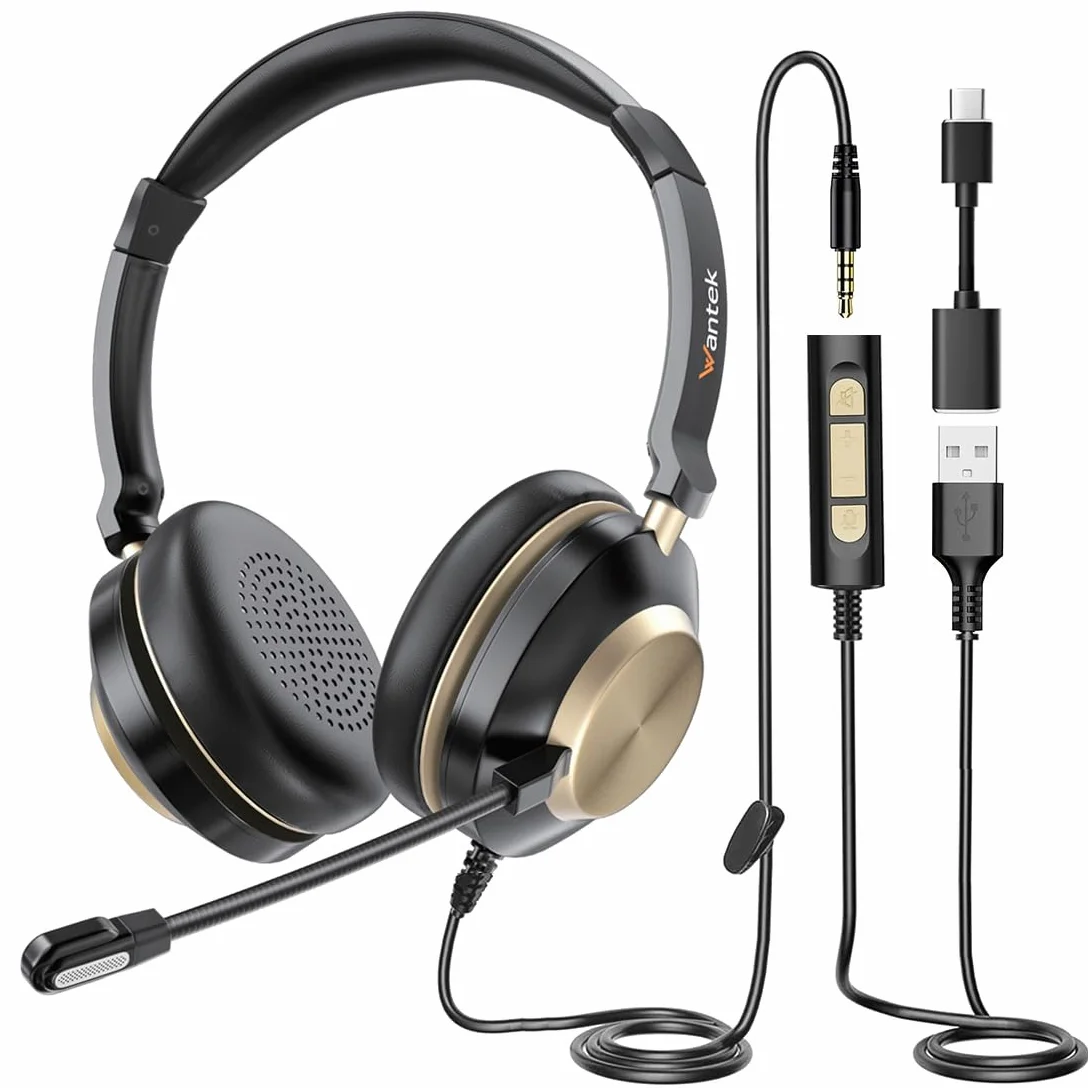 Wantek Cuffie USB con microfono per PC portatile, con cancellazione del rumore, regolabili, per ufficio e lavoro