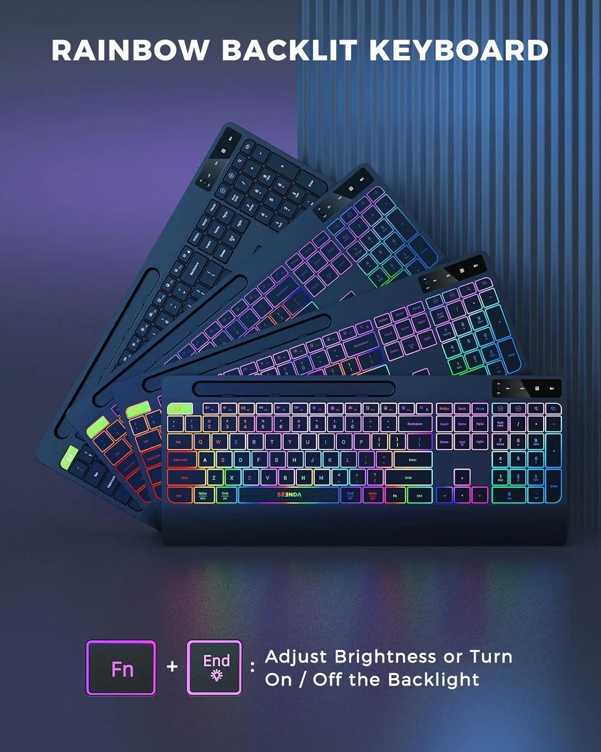 seenda Tastiera wireless 2.4G e mouse Combo con retroilluminazione arcobaleno, tastiera ricaricabile e mouse set UK layout full size con 2 in 1 USB C e USB A Dongle e Wirst Rest, nero