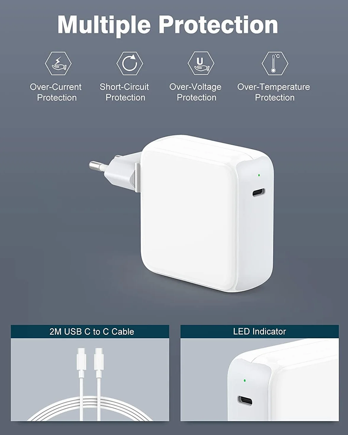 IFEART 70W Caricatore USB C Compatibile con MacBook Air MacBook Pro 13 14 15 16 pollici 2024 2023 2022 2021 2020, M1 M2 M3 Mac Laptop, iPad, Caricabatterie Rapido, Cavo USB C a C 2M, LED