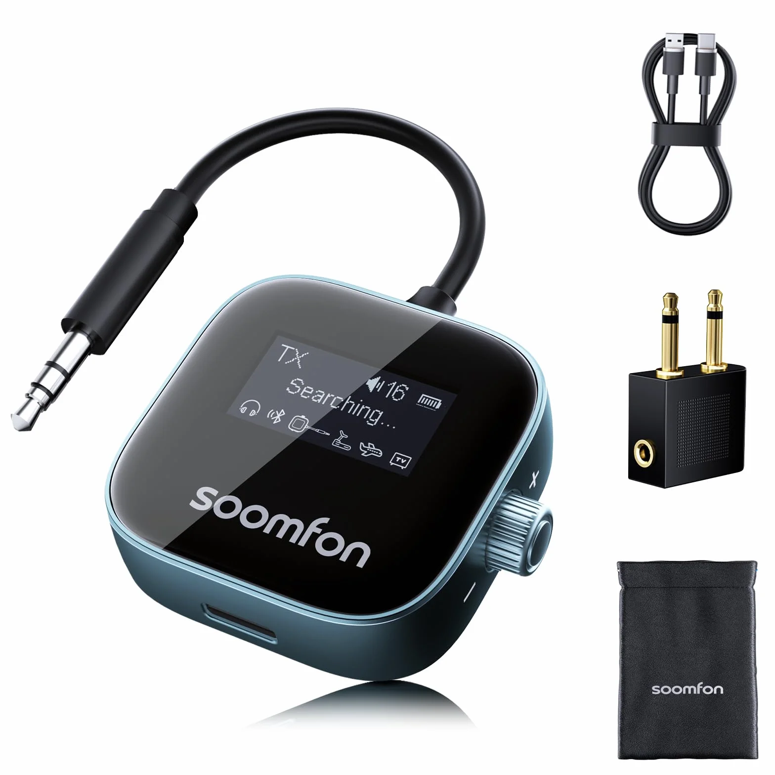 SOOMFON 2 in 1 Trasmettitore e ricevitore Bluetooth 5.3, Adattatore Audio Bluetooth AUX Jack da 3,5 mm con display, supporta la connessione di 2 Cuffie, adatto per TV, Aereo, Auto e Impianto Stereo