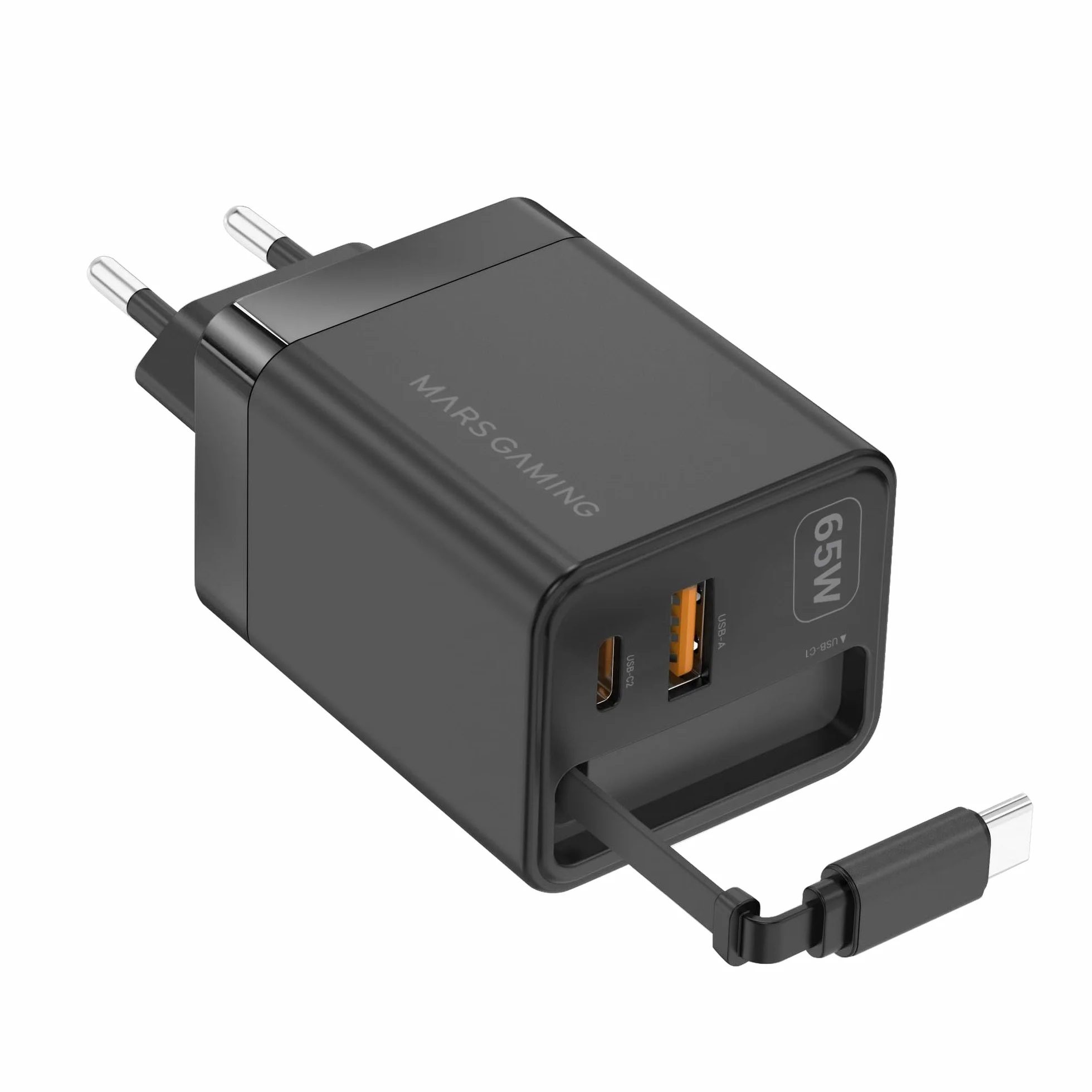 Mars Gaming MD-GAN65R Caricatore USB-C 65W GaN Ricarica Rapida QC 3.0 PD 3.0 Cavo Retrattile 65cm USB-A USB-C Spina Europea Tipo C Nero