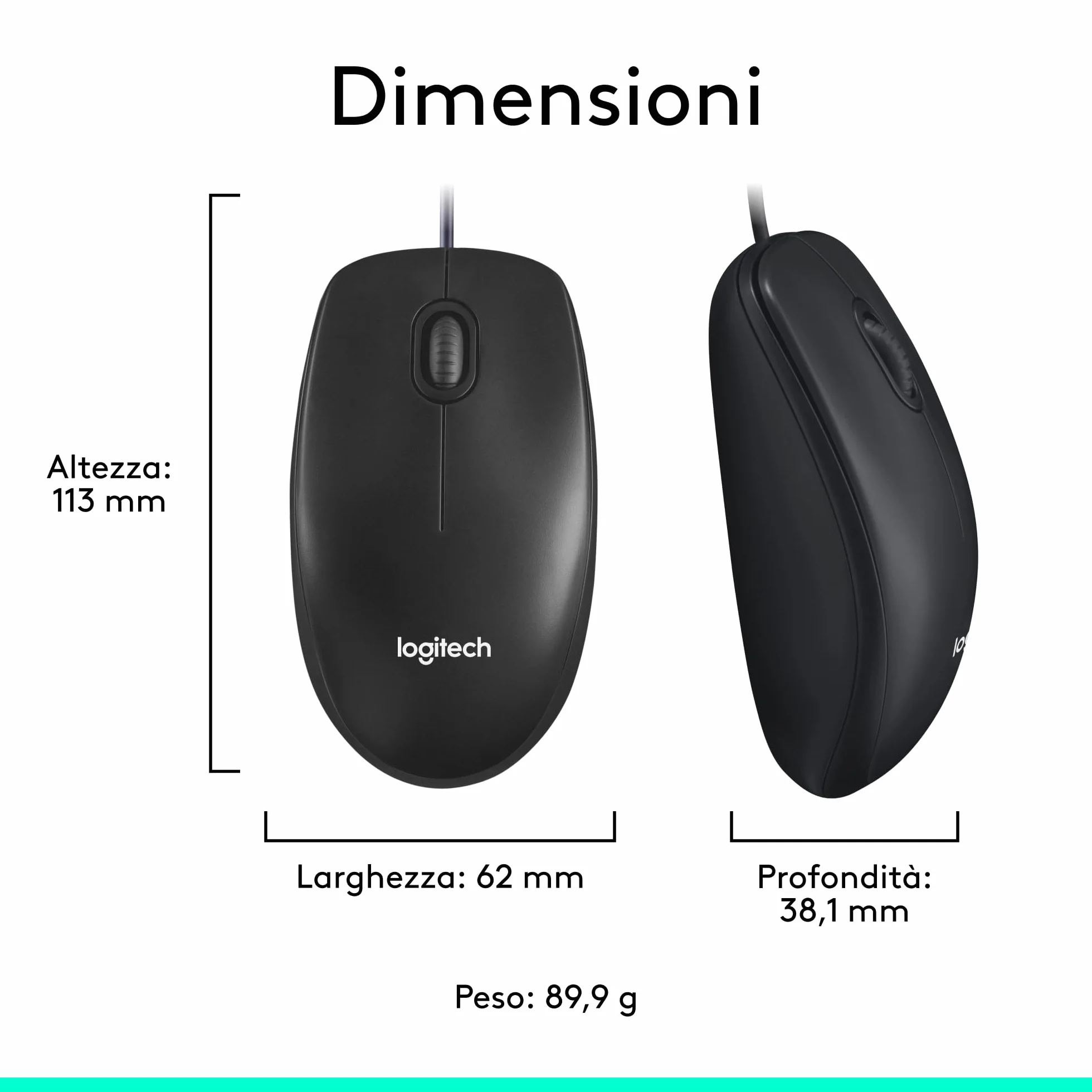 Logitech M100 Mouse USB con Cavo, 3 Pulsanti, Tracciamento Ottico 1000 DPI, Ambidestro, Compatibile con PC, Mac, Laptop, Nero