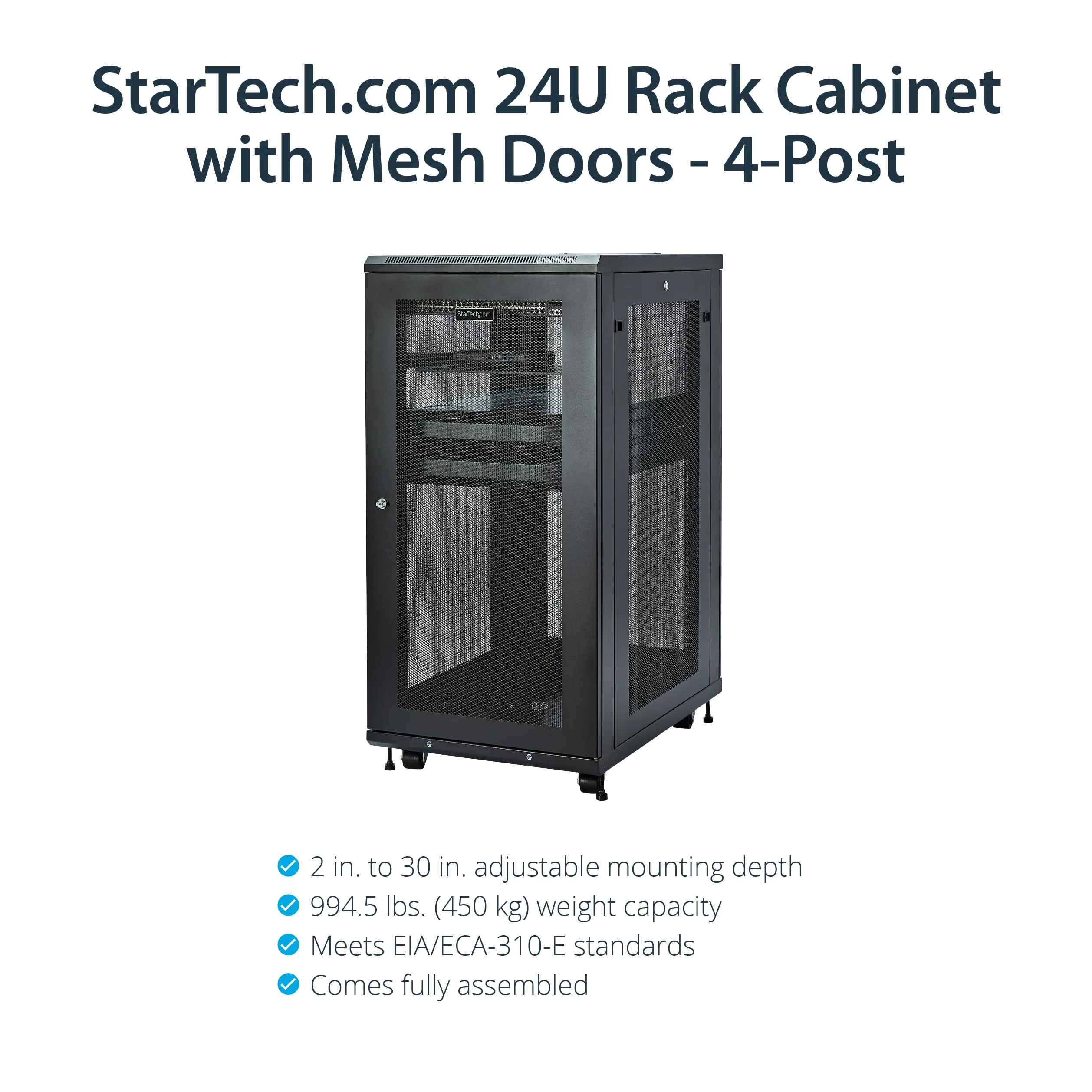 StarTech.com Armadio Rack 19" 24U su Ruote a 4 Montanti, Server Rack a Profondità Regolabile con Ripiano da 1U e Serratura