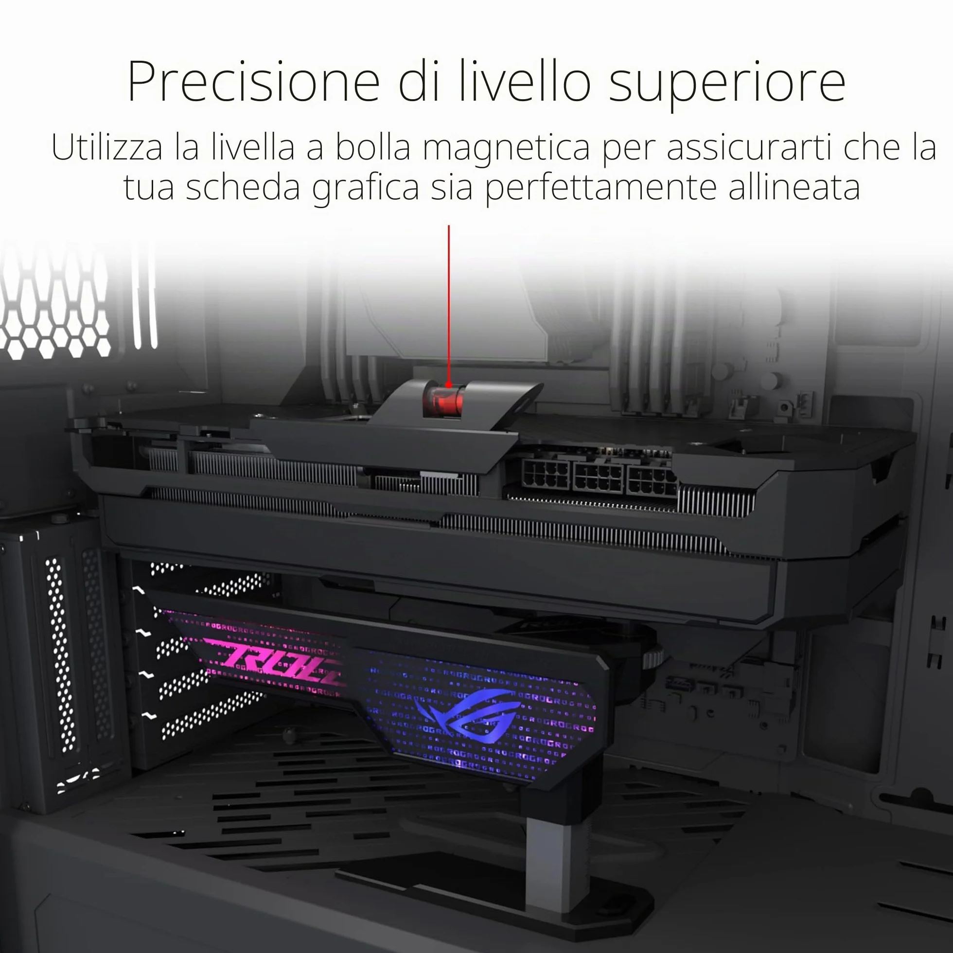 ASUS ROG Herculx Sostegno Per Scheda Grafica, Montaggio Senza Attrezzi, Comoda Livella Integrata, Struttura in Lega Di Zinco, Altezza Regolabile da 72 a 128mm, Aura Sync, Nero