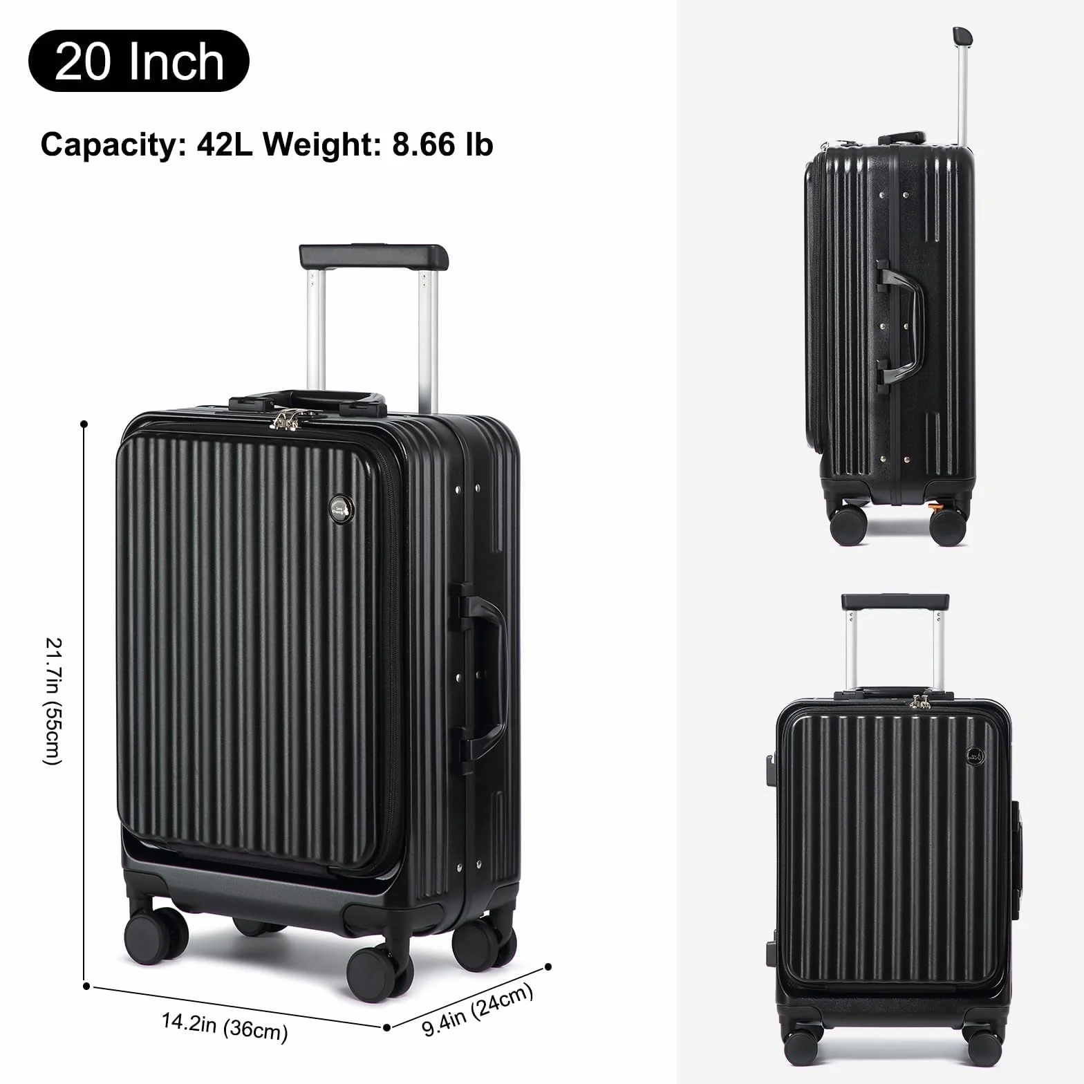 Sea choice Valigia Bagaglio a Mano con Tasca Frontale per Laptop 20" PC Valigia Trolley Porta con USB, 4 Rotelle con lucchetto TSA, Porta bicchieri