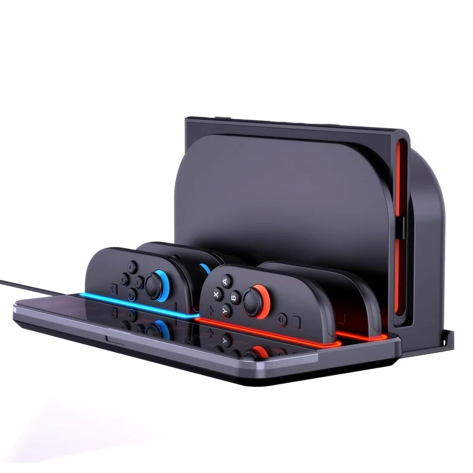 Base di ricarica per Nintendo Switch 2 con 4 porte, 8 schede di gioco, indicatore LED, costruzione ABS, design compatto, nero