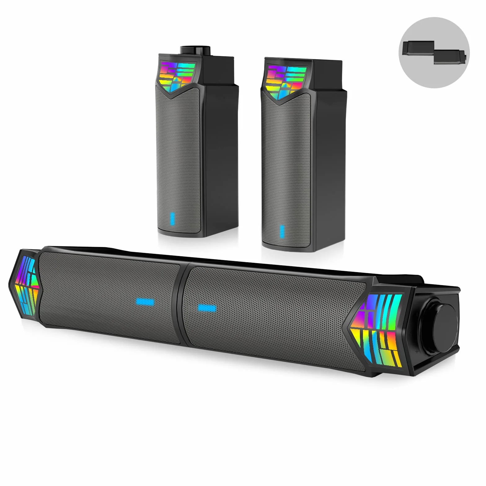 Smalody Altoparlante per PC, Altoparlante per computer staccabile 2 in 1 Altoparlanti Bluetooth stereo Dynamic Cool RGB LED Design Compatibile con desktop/laptop/smartphone/proiettore