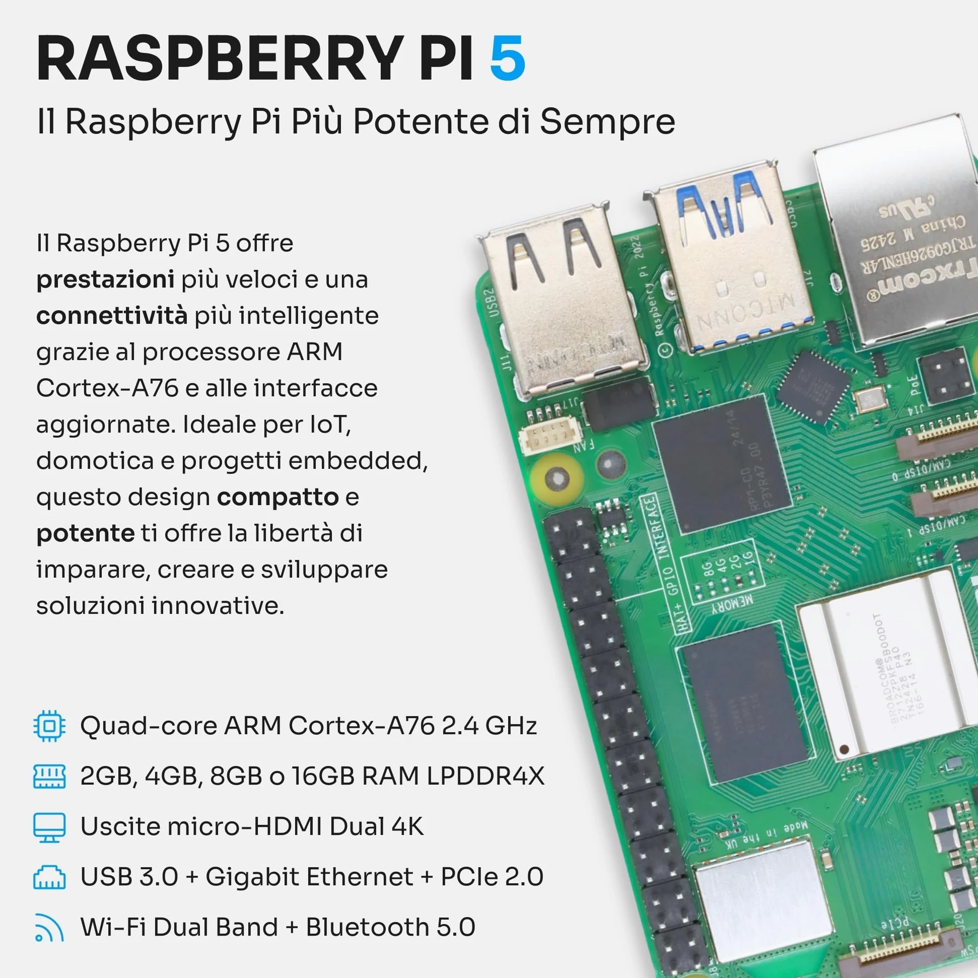 Starter Kit per Raspberry Pi 5 8 GB | Scheda MicroSD 64 GB | Alimentatore 27 W | Case con Ventola Integrata e Dissipatore di Calore | Cavo Micro-HDMI 4K 60 Hz