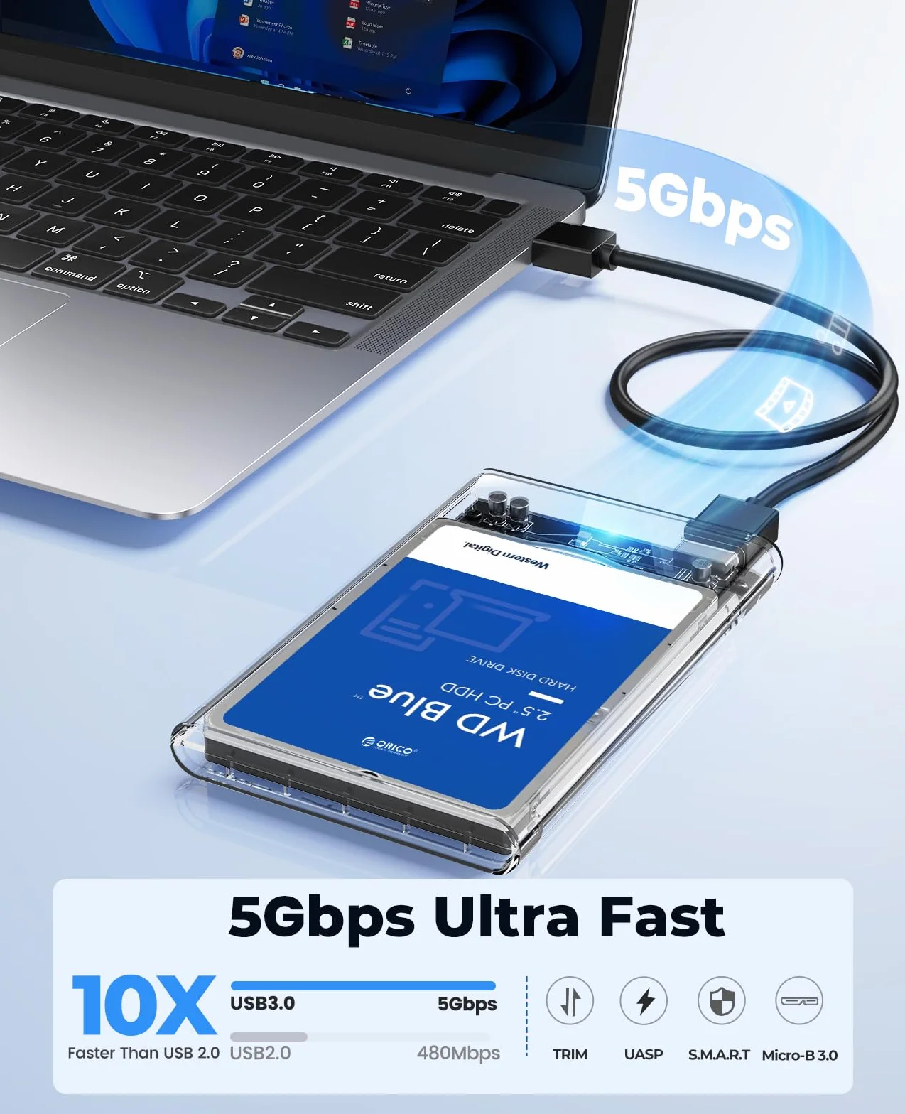 ORICO Case Esterna per HDD/SSD 2,5 pollici SATA III, USB 3.0 con velocità 6Gb/s, Supporta UASP, Installazione Senza Attrezzi, Compatibile con Unità da 7mm/9,5mm – Trasparente 2139U3