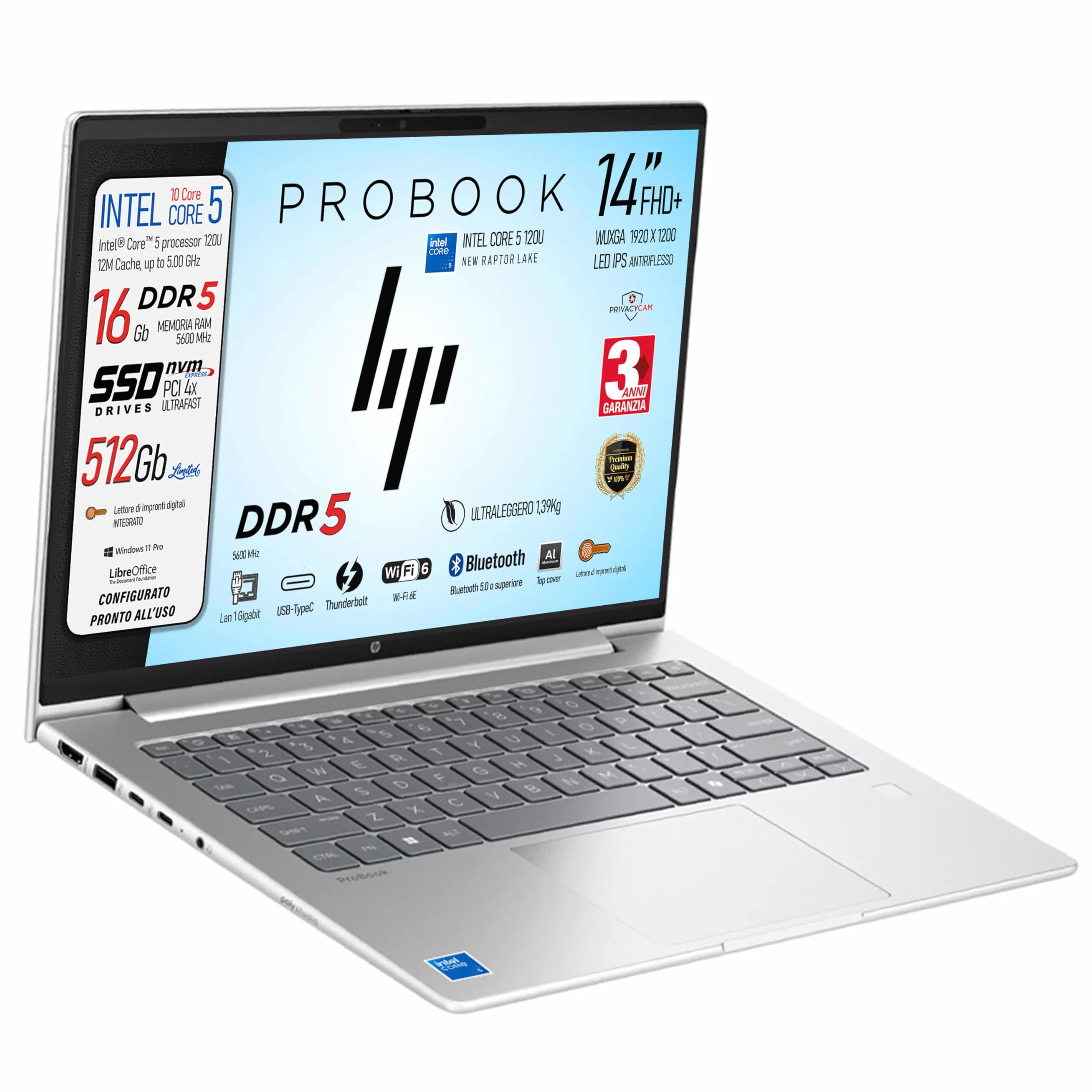 HP ProBook Notebook Intel Core5 120U 10Core 5.00 GHz SSD 512Gb Ram DDR5 16Gb Display 14" IPS FHD+ WUXGA USB-C Fingerprint