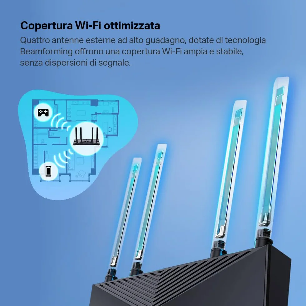 TP-Link Archer AX58 AX3000Mbps Router WiFi 6 Dual-Band, 4 Porta Gigabit, 2402Mbps su 5 GHz e 574Mbps su 2,4 GHz, 4 Antenne Ad Alto Guadagno, Parental Control, Rete Ospiti, QoS, EasyMesh, WPA3, Alexa