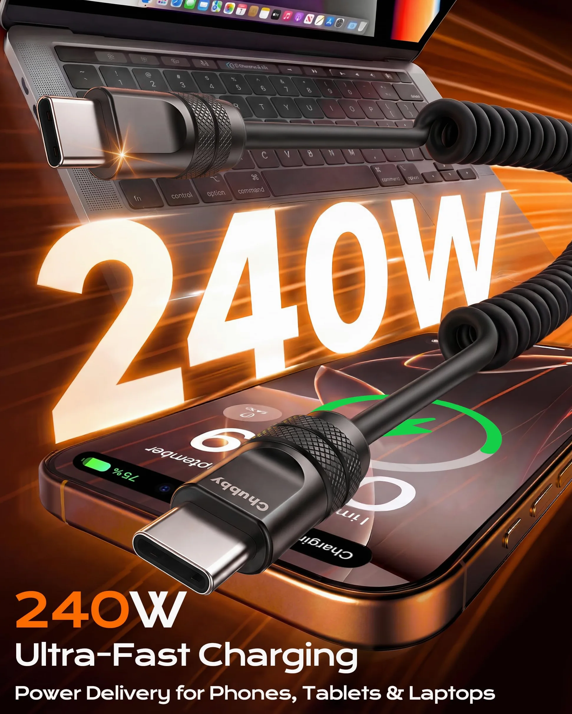chubbycable Curly Chubby - Cavo USB C a spirale in silicone da 240 W, confezione da 2 [240H Sag-Free] Cavo di ricarica rapida a spirale per auto, cavo di ricarica retrattile per Android Auto e CarPlay