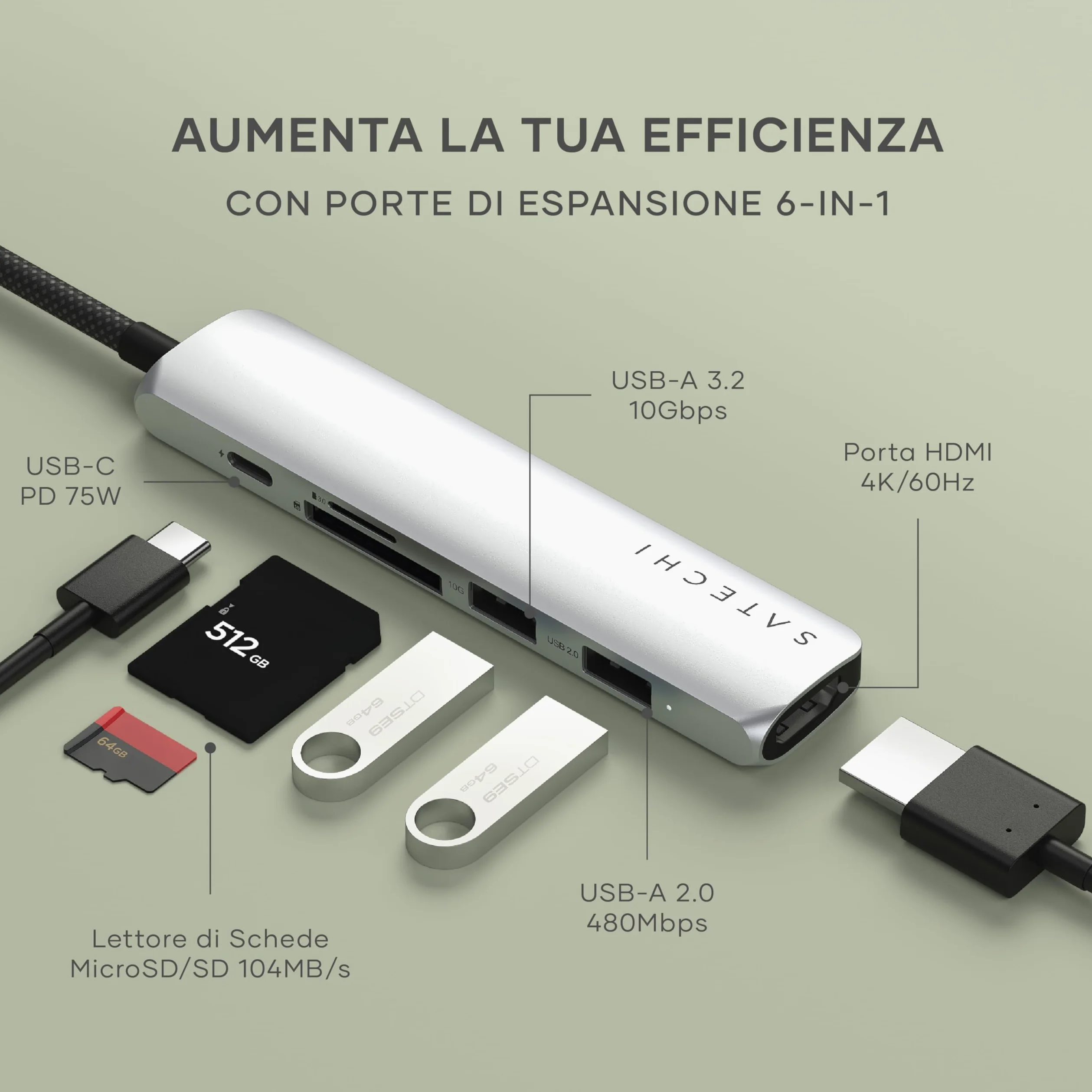 SATECHI Hub USB C 6 in 1 Slim Plus, PD 100W, HDMI 4K, Argento | 2x Porte USB-A 10Gbps, video 4K@60Hz, lettori SD/microSD, per MacBook Air/Pro/Neo, Windows e altro