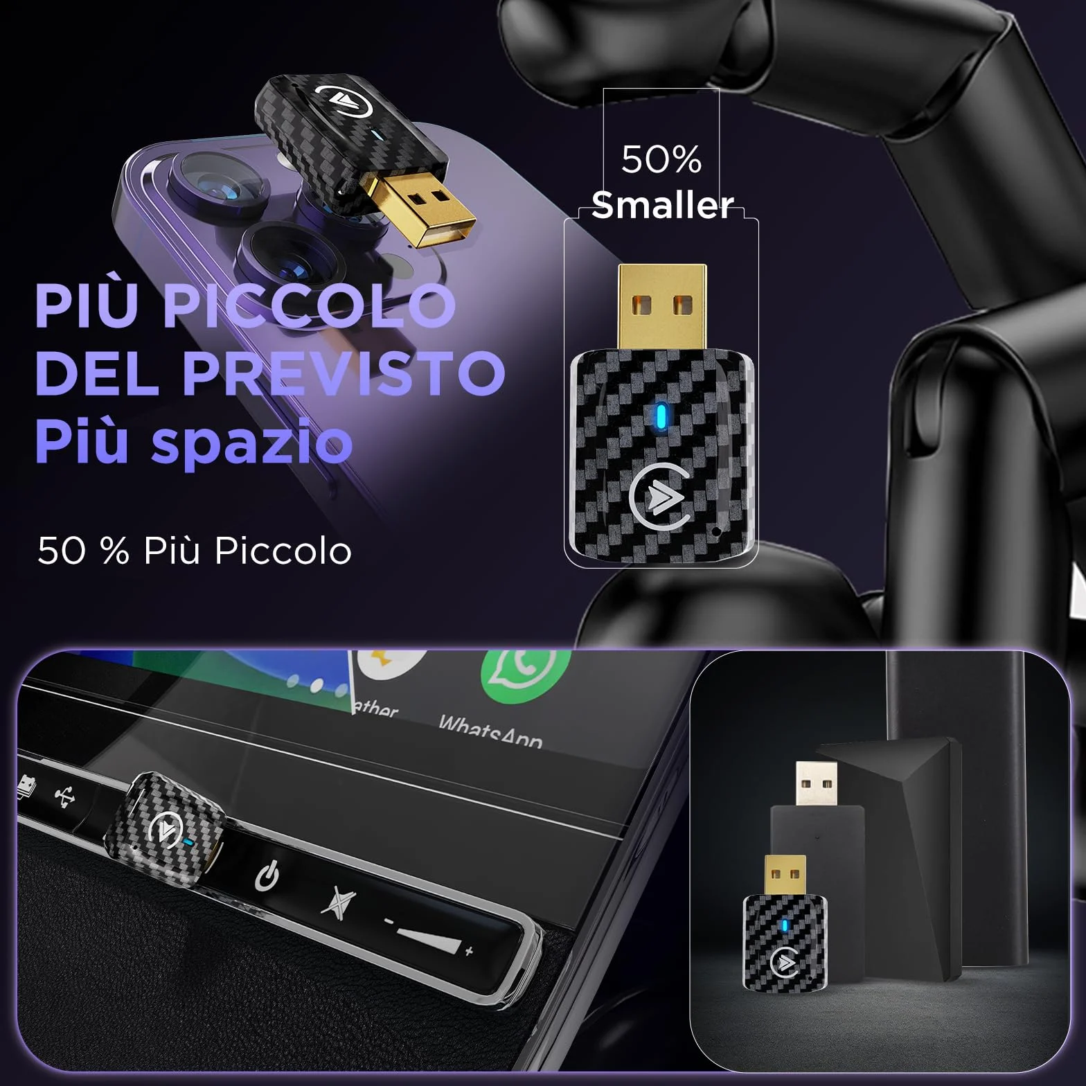 MSXTTLY Adattatore Android Auto Wireless, Carplay Wireless per iPhone 17-12 & Android 11+, Bluetooth 5.3, Dual Core WLAN 5.8GHz, Veloce e Stabile