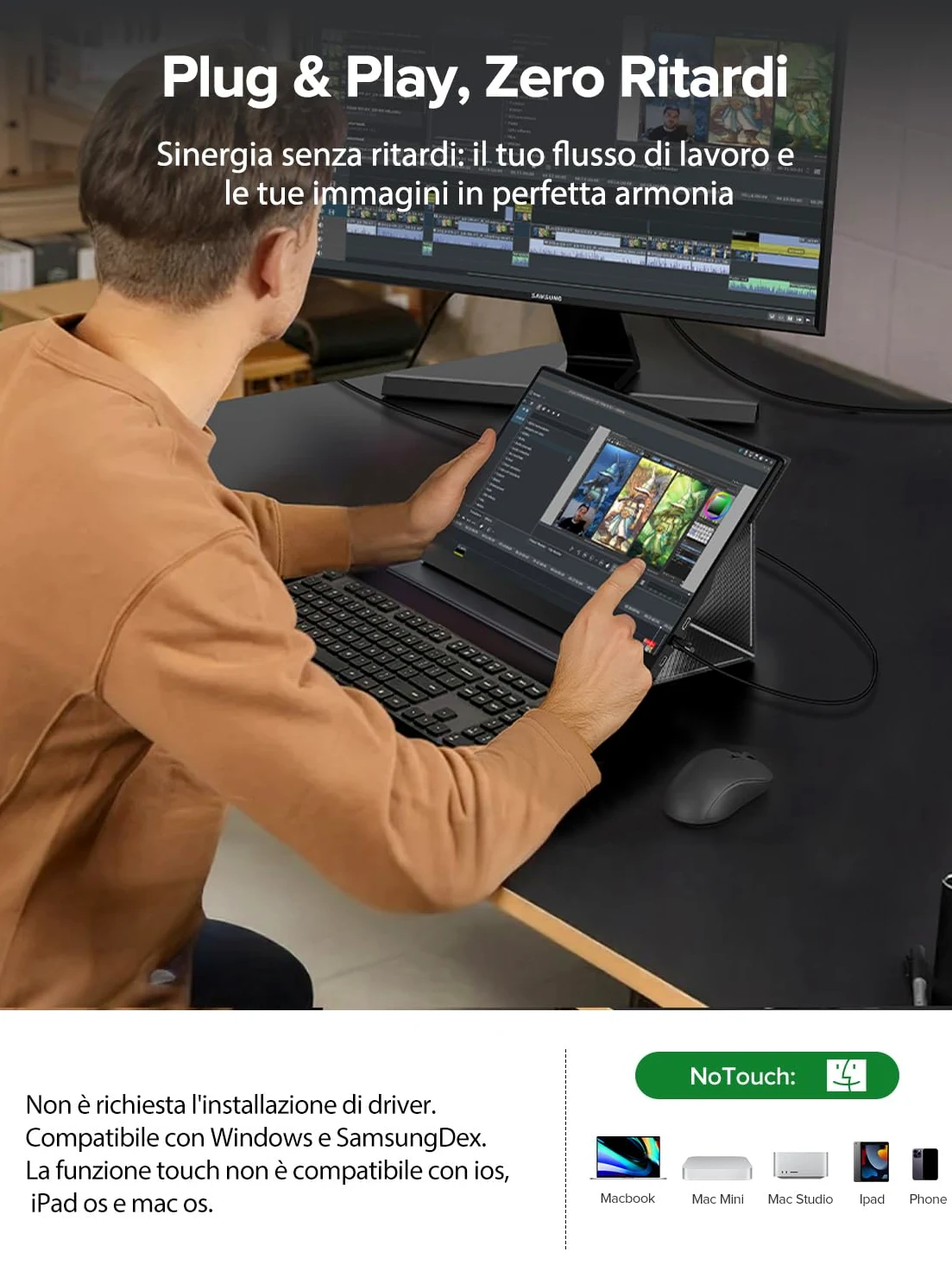 UPERFECT Monitor Portatile Touchscreen 15.6" 125% sRGB FHD HDR Opaco 2000:1 Contrast, Custodia Multifunzionale in Pelle, Compatibile con VESA, Doppia porta USB-C per Laptop/Telefono/Console di Gioco