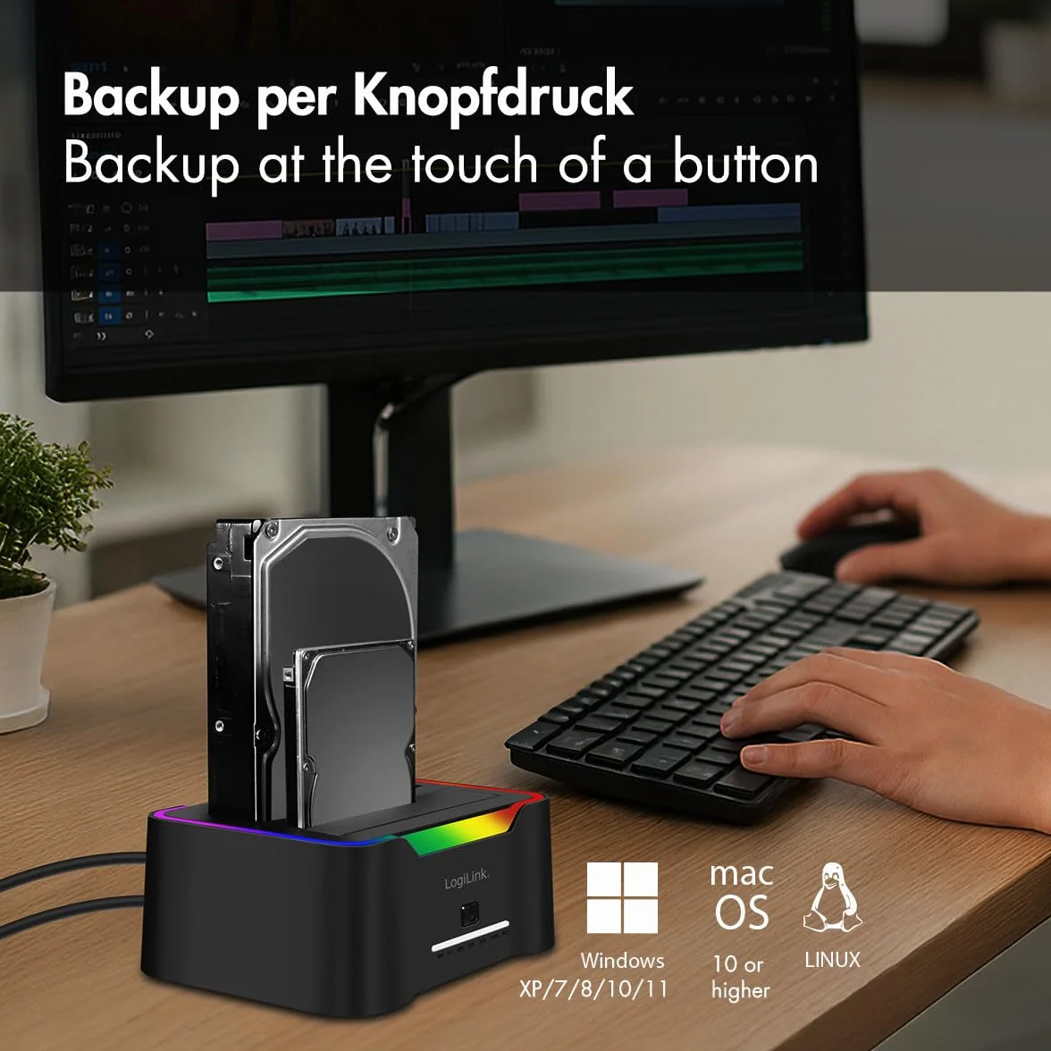 LogiLink Doppia docking station USB-C 3.2 Gen1 a 2 porte, per dischi rigidi da 2,5" e 3,5", SSD/HDD, con clone offline (senza clonare i dischi rigidi PC), 5 Gbps di trasferimento dati