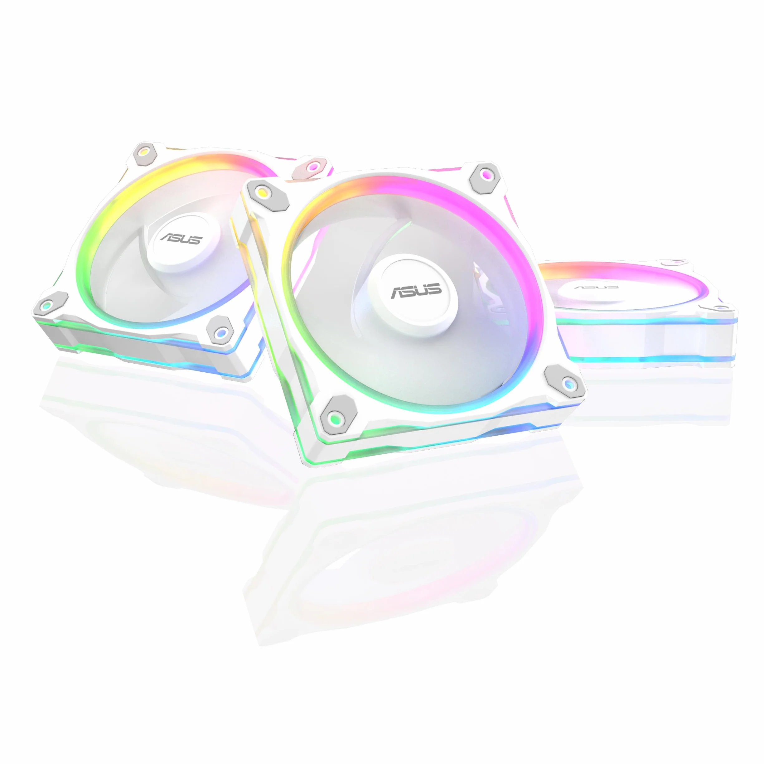 ASUS Prime MR120 ARGB Reverse, Ventola per Case da 120 mm, Spessore Telaio 2,8 cm, 20 LED ARGB Compatibili con Aura Sync per Illuminazione da Entrambi i Lati, 23 dB di Rumore, 3 Pezzi, Bianco