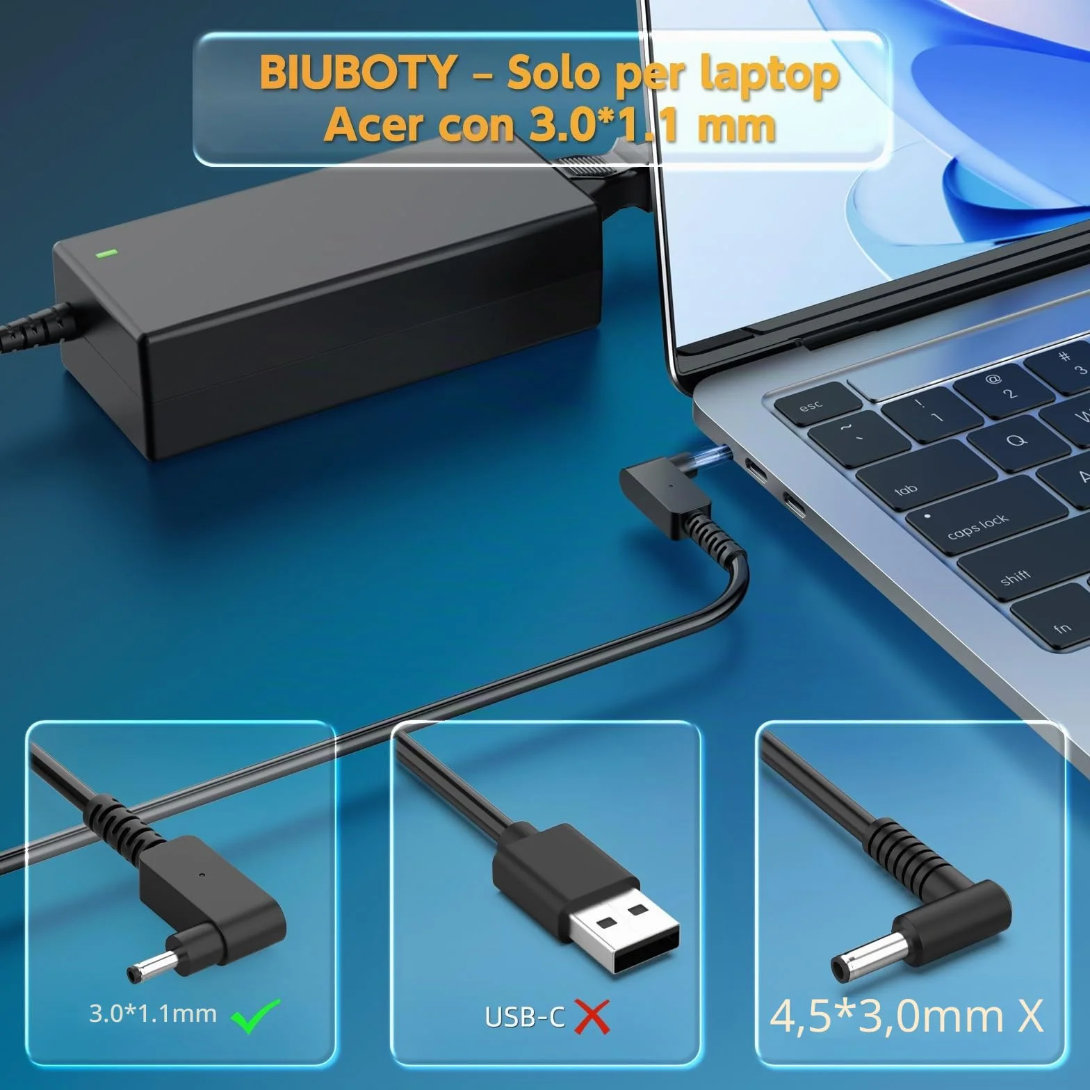 BIUBOTY Caricatore 65W laptop Compatible con Acer Aspire 1 3 5 Series A315 A515 A314 A317 A115/ Spin 1 3 5/ Swift 1 3/ A515-54 A515-55 A515-56 N20C5 N15Q8 N15Q9 N15Q10 N16P1 AC Adattatore 3.0 * 1.1mm