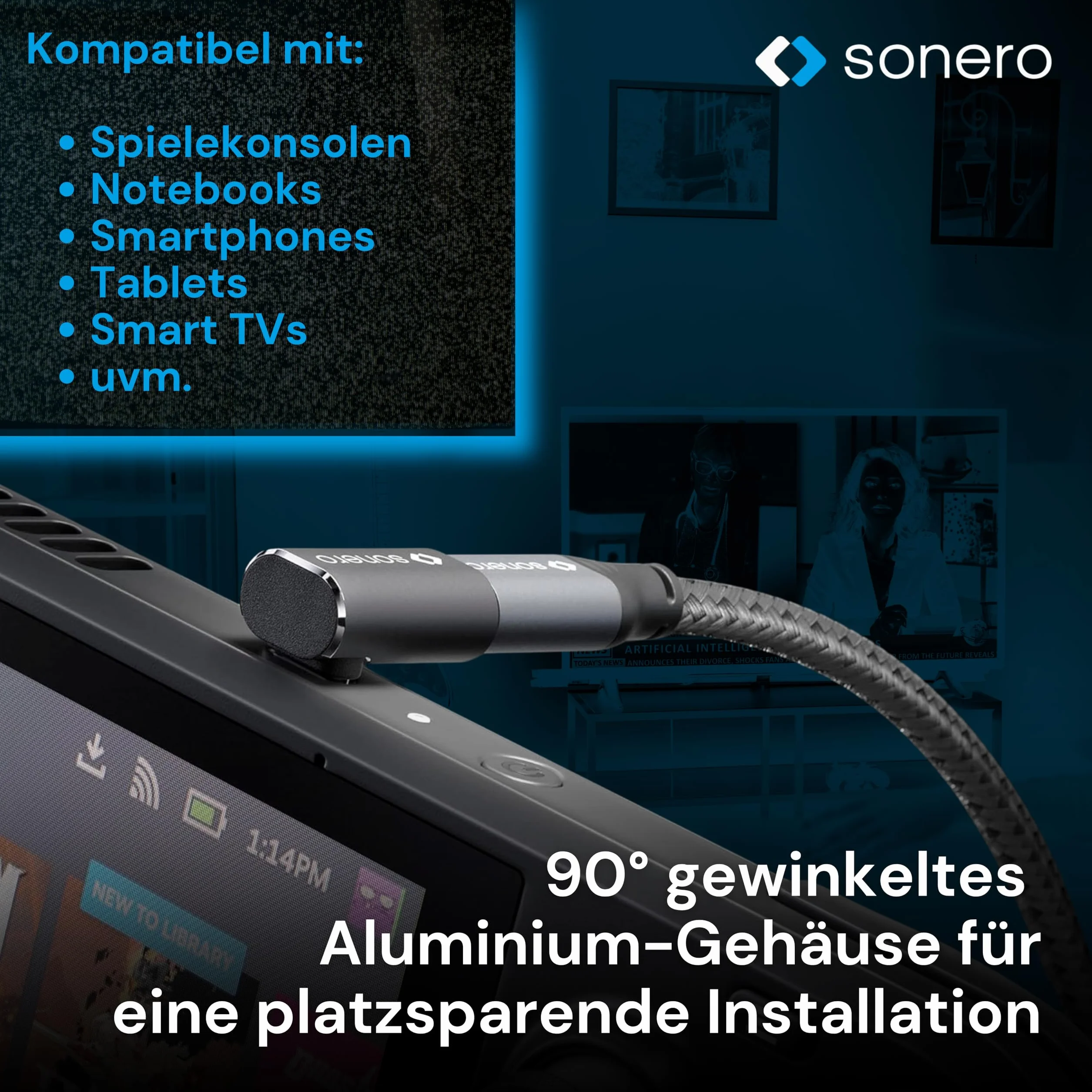 Sonero USB-C maschio a presa USB-C inclinata a 90°, adattatore, 40 Gbps, 240 W, 8K60 Hz, alloggiamento in alluminio, nero
