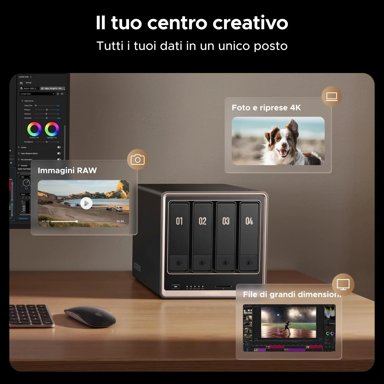 UGREEN NASync DXP4800 GT NAS 4 vani per creator e uffici (senza HDD) | AMD Ryzen R2514, doppia 10GbE, 8GB DDR4 fino a 64GB, HDMI 4K, 2×M.2 NVMe, ECC, slot U.2 e M.2