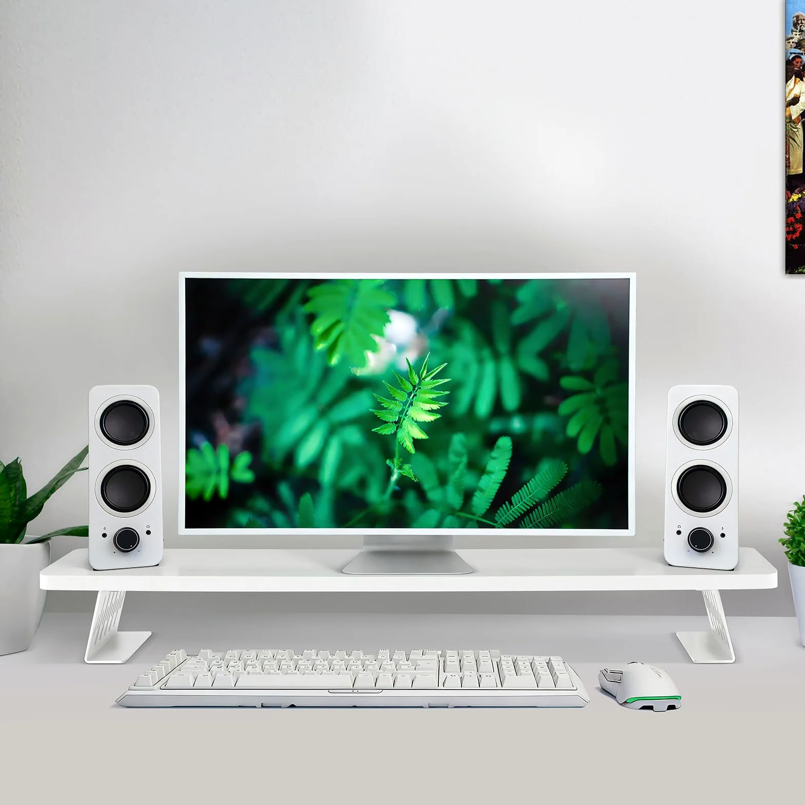 Supporto rialzato in legno per monitor 80x23,5x10 cm, supporti per monitor da scrivania, rialzo per doppio monitor e TV, robusto ripiano da scrivania per l'ufficio domestico, Bianco
