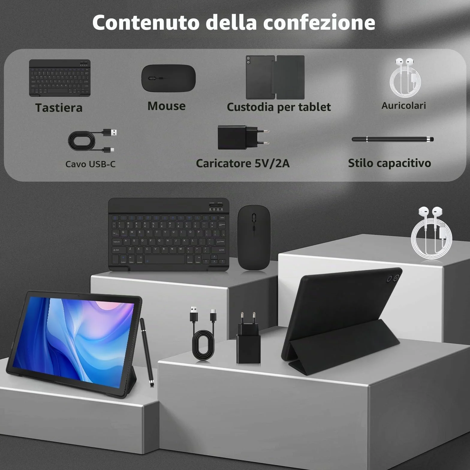 Tablet 10 Pollici Kit 8-in-1 Android 15 Tablet PC con Custodia, Tastiera, Mouse, Penna, Cuffie, Alimentatore, Cavo, Octa-Core, 20 GB RAM, 64 GB ROM, Espandibile 1TB,Display IPS 1280x800,5000 mAh(Nero)