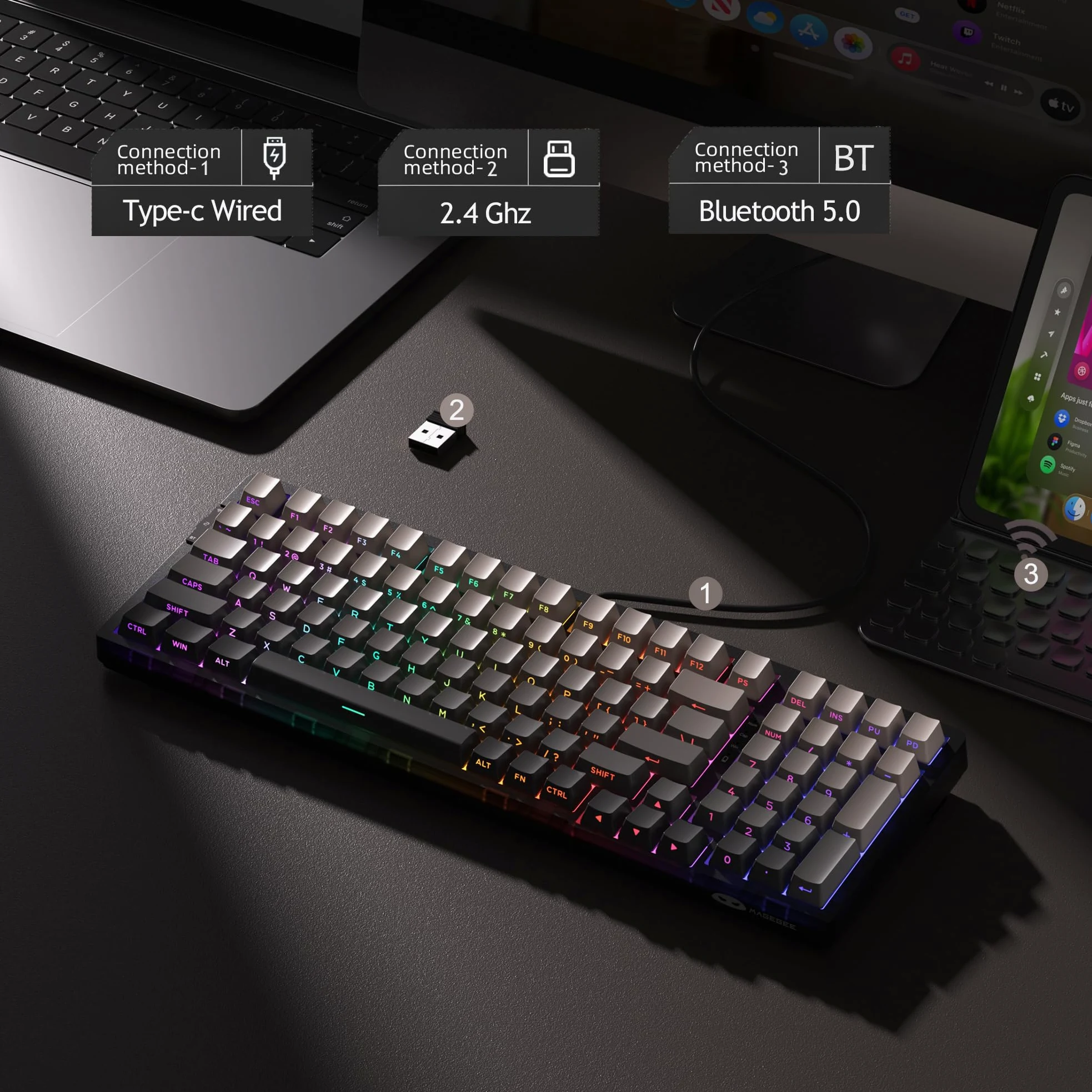 MageGee Tastiera Meccanica Gaming | 8000mAh 2,4 GHz/Bluetooth/USB-C RGB, Anti-ghosting, Tastiera Retroilluminata LED RGB Per PC, Computer, Laptop, Mac (Grigia - 8000mAh)