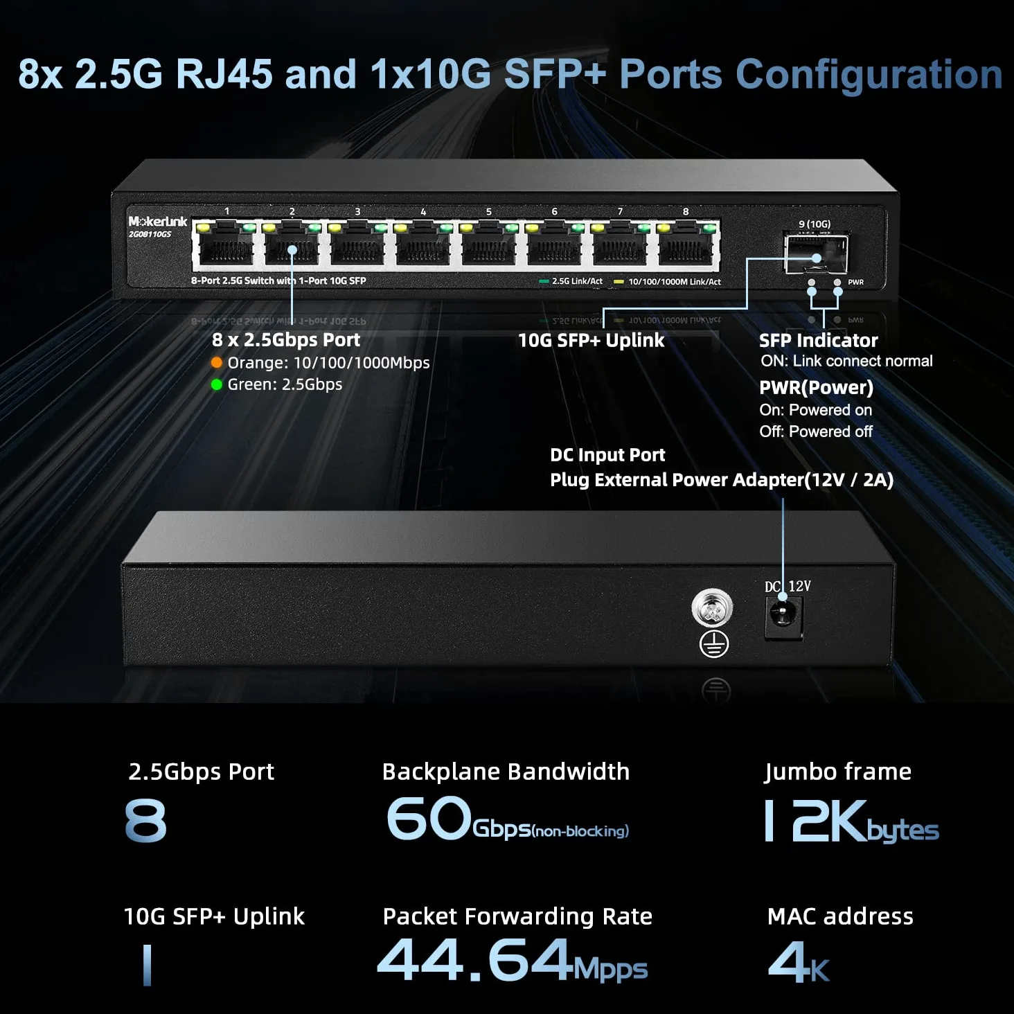 Switch Ethernet MokerLink a 8 porte 2,5Gbps con porta SFP 10G, 8 porte Base-T 2,5G compatibili con 100/1000Mbps, switch di rete senza ventola in metallo Plug and Play