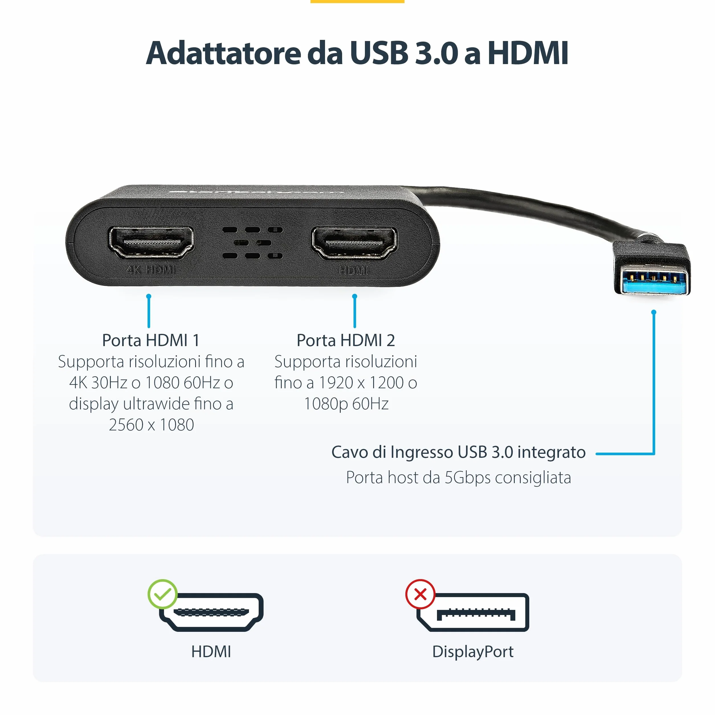 StarTech Adattatore USB-A 3.0 a Dual HDMI per Windows, Convertitore USB a 2x HDMI, 4K 30Hz + 1080p 60Hz, Estensione o Mirroring schermo doppio