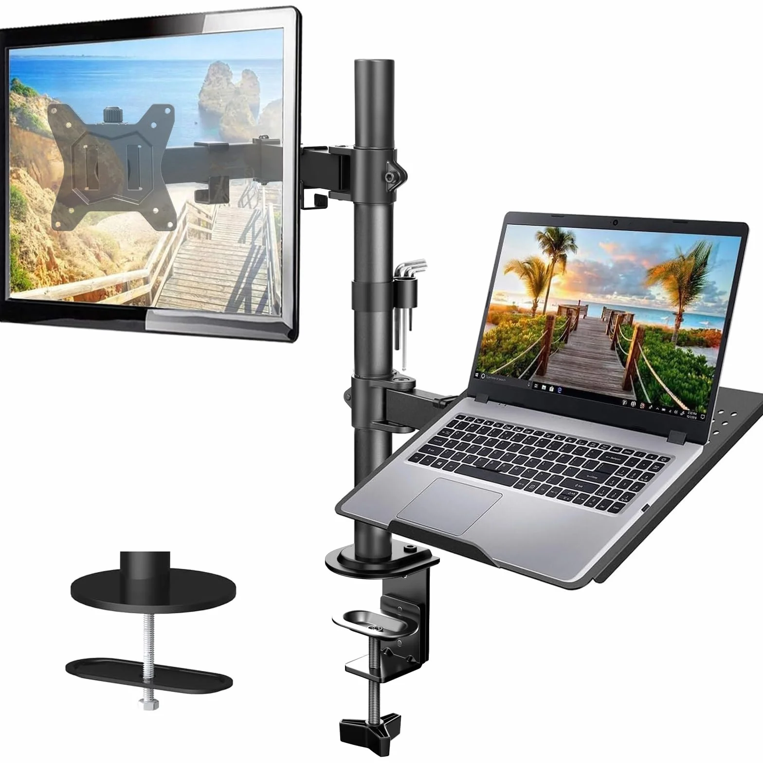 HUANUO Supporto Monitor Braccio con Vassoio per Laptop per Schermi LED LCD da 13 a 32 Pollici e Notebook Fino a 17 Pollici, Ergonomico Braccio Monitor Scrivania con Morsetto, 2 Opzioni di Montaggio