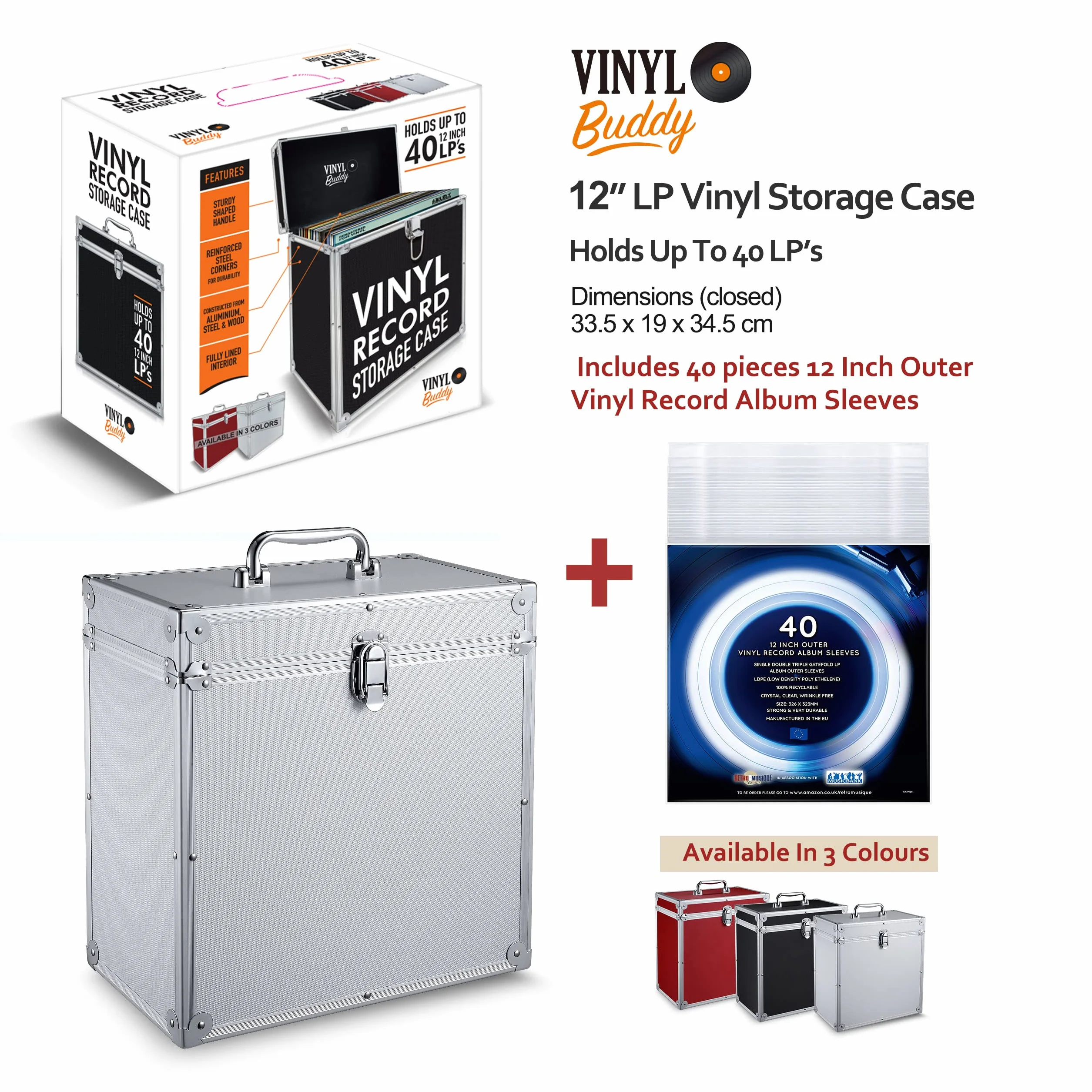 VINYL BUDDY 12'' Alluminium-Schallplattenkoffer, für bis zu 40 LPs, inklusive 40x 12-Zoll-Äußere Schallplattenhüllen', argento, 33 cm x 34 cm x 19 cm, Valigia