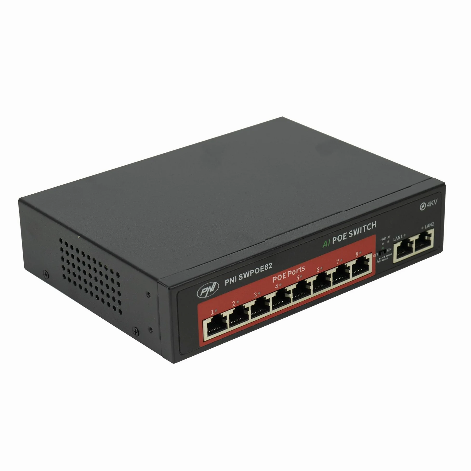 Switch POE SWPOE82 PNI, 8 porte POE da 100 Mbps e 2 porte UP Link da 100 Mbps, 120 W, funzione AI Extend fino a 250 m, protezione contro i fulmini da 4 kV