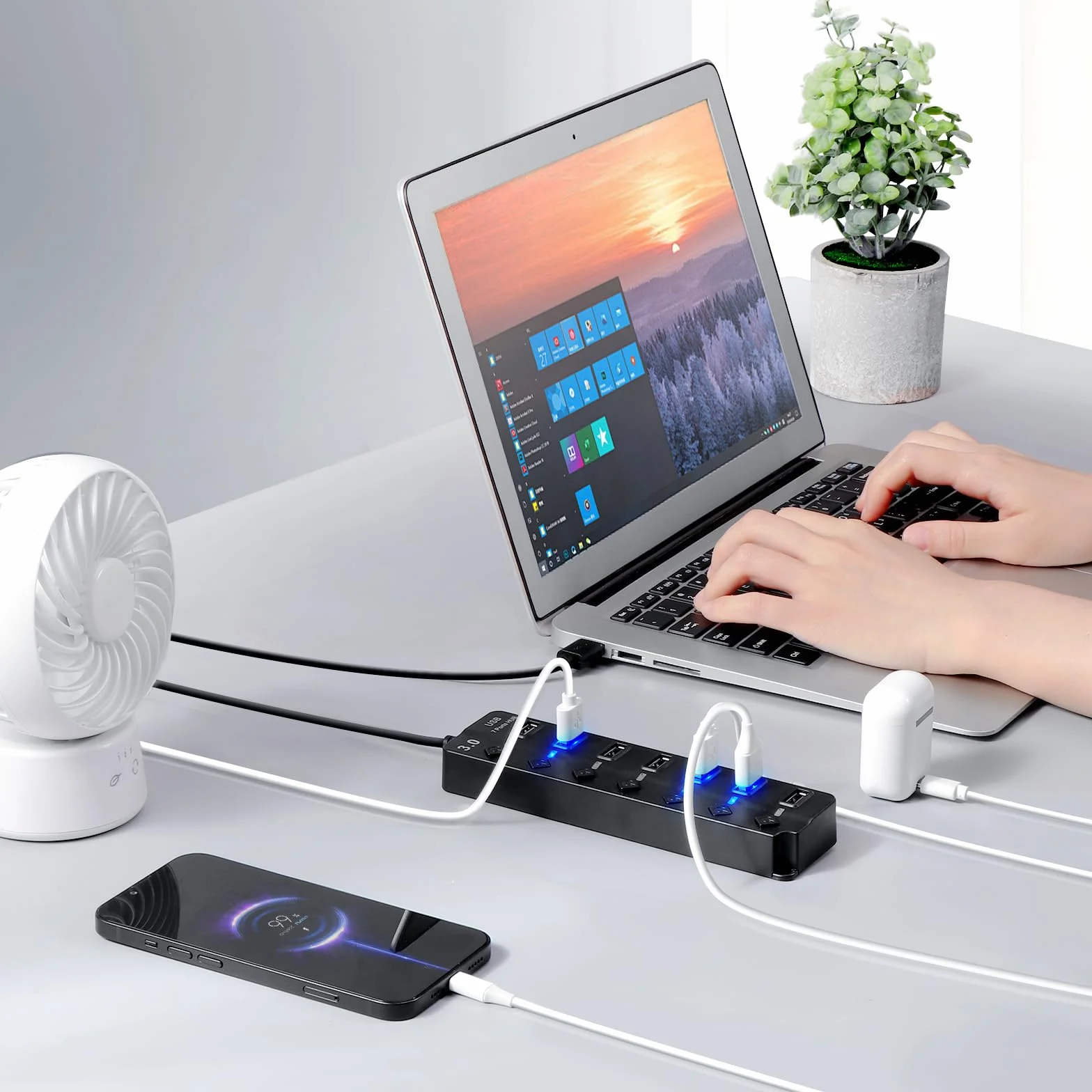 Hoppac Hub USB Multipresa a 7 Porte (1 USB 3.0 6USB 2.0) con Interruttori Indipendenti, Spie LED e Cavo da 1m - Ciabatta USB Multi Porte Plug & Play per PC, Laptop