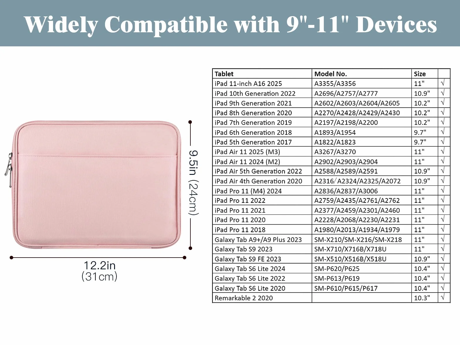TiMOVO 9-11" Borsa per Tablet per iPad 11 Pollici A16 2025, iPad 10a Gen. 10.9", iPad 10.2", iPad Air 11/5a/4a Gen. 10.9", Galaxy Tab A9 Plus 11", Custodia per il Trasporto con Tasca, Rosa