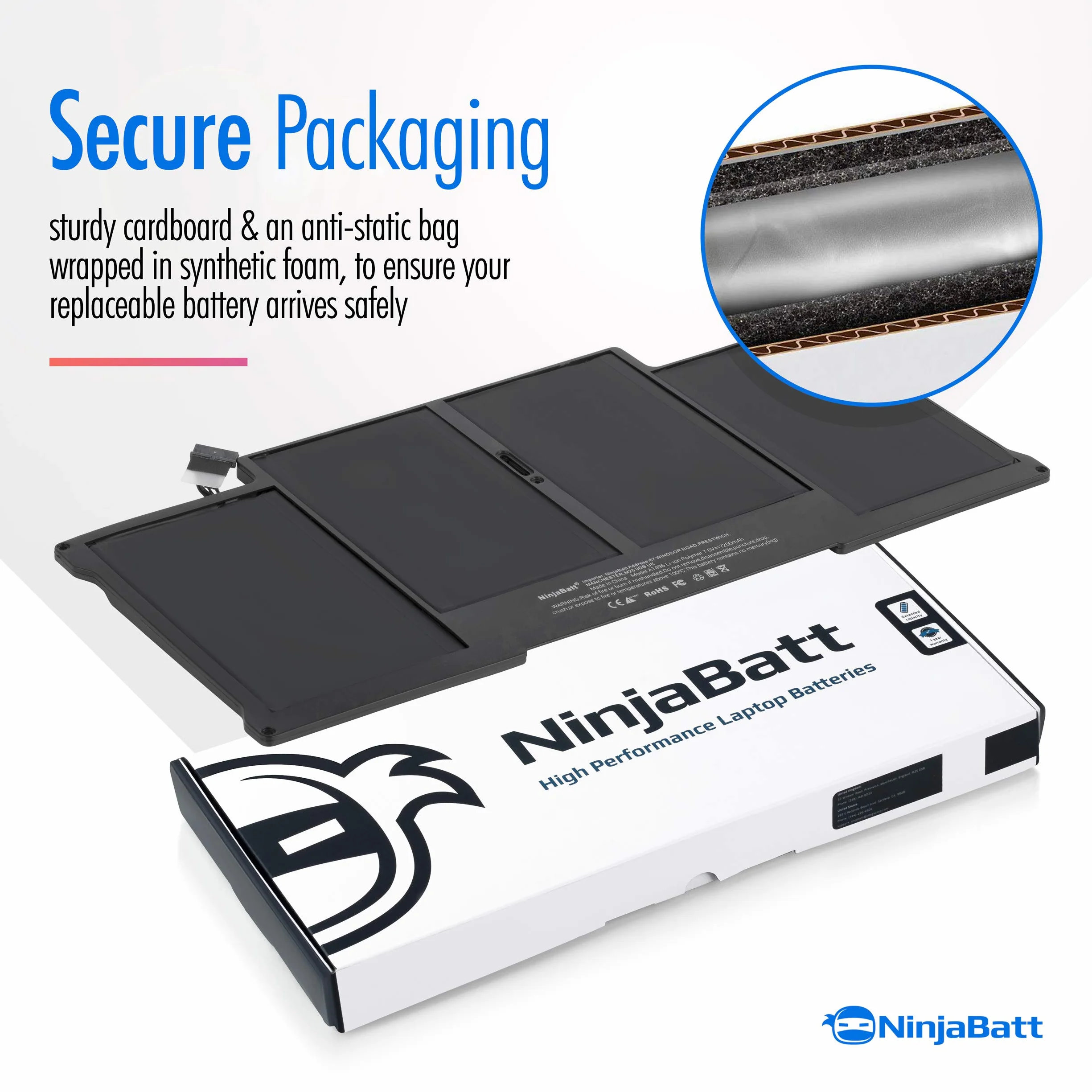 NinjaBatt Batteria A1466 per Apple MacBook Air 13″ (Metà 2012, Metà 2013, Inizio 2014, Inizio 2015, 2017) A1369 (Versione Fine 2010, Metà 2011) A1496 A1405 A1377 [7160mAh/54.4Wh/7.6V]