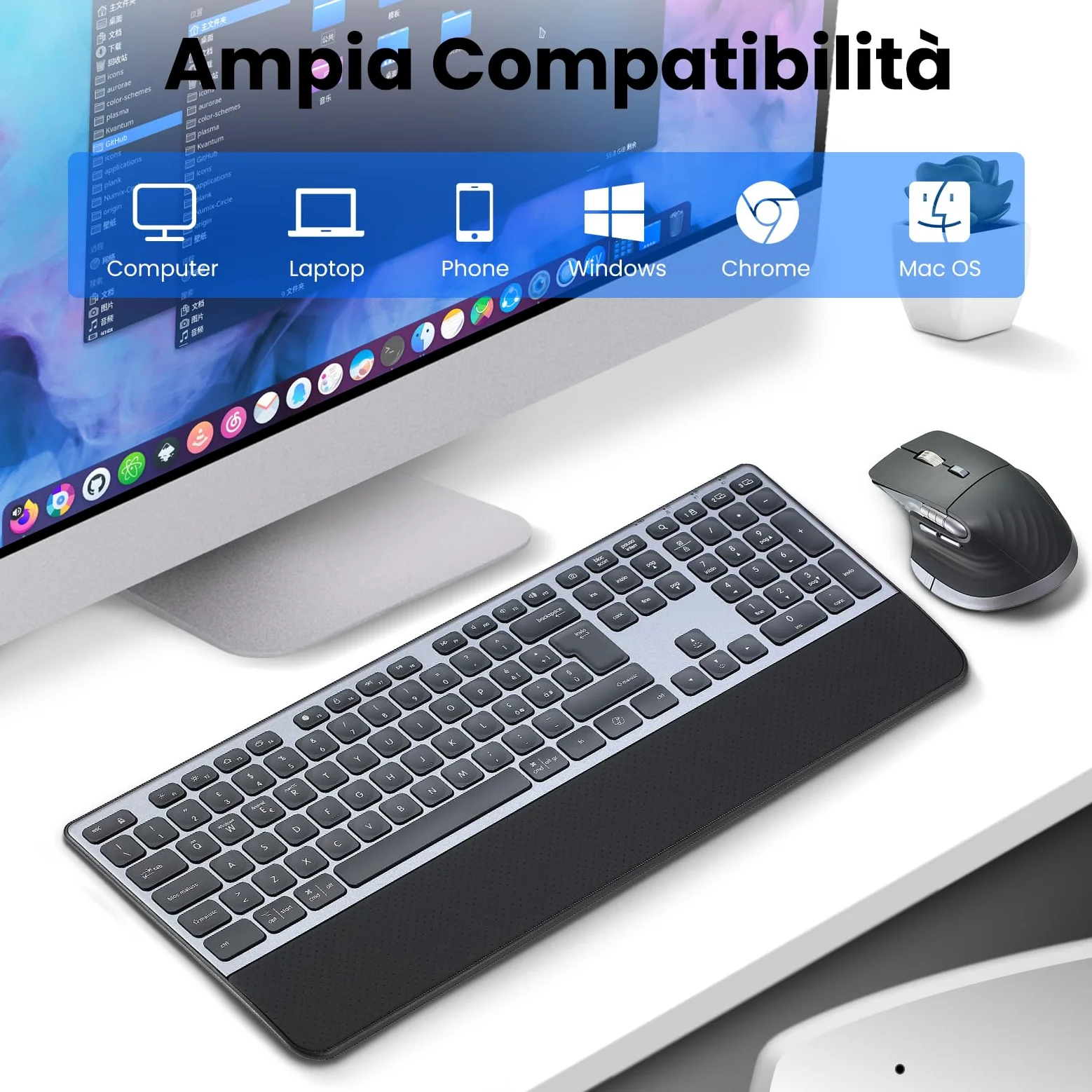 CITLLA Tastiera e Mouse Wireless Combo Tastiera Bluetooth Multidispositivo con Poggiapolsi, Tastiera Ricaricabile Retroilluminata, Mouse Silenzioso Ergonomico per Computer Desktop PC Portatile