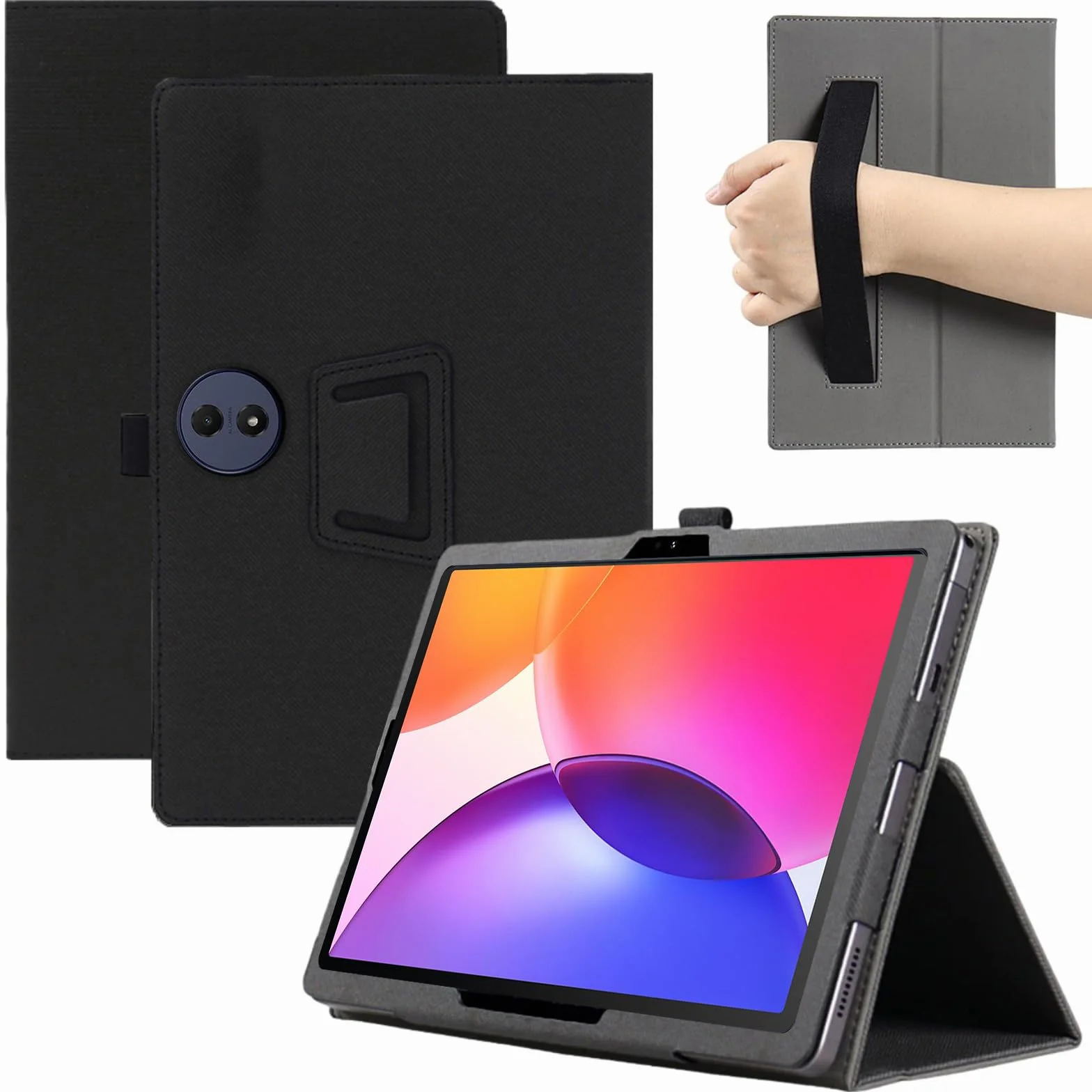 MEMELOKA Custodia per TCL Tab A1 Plus 12.2 Pollici, Leggera e Sottile Custodia in Pelle PU con Cinturino da Polso, Morbido Cover con Funzione di Supporto, Nero